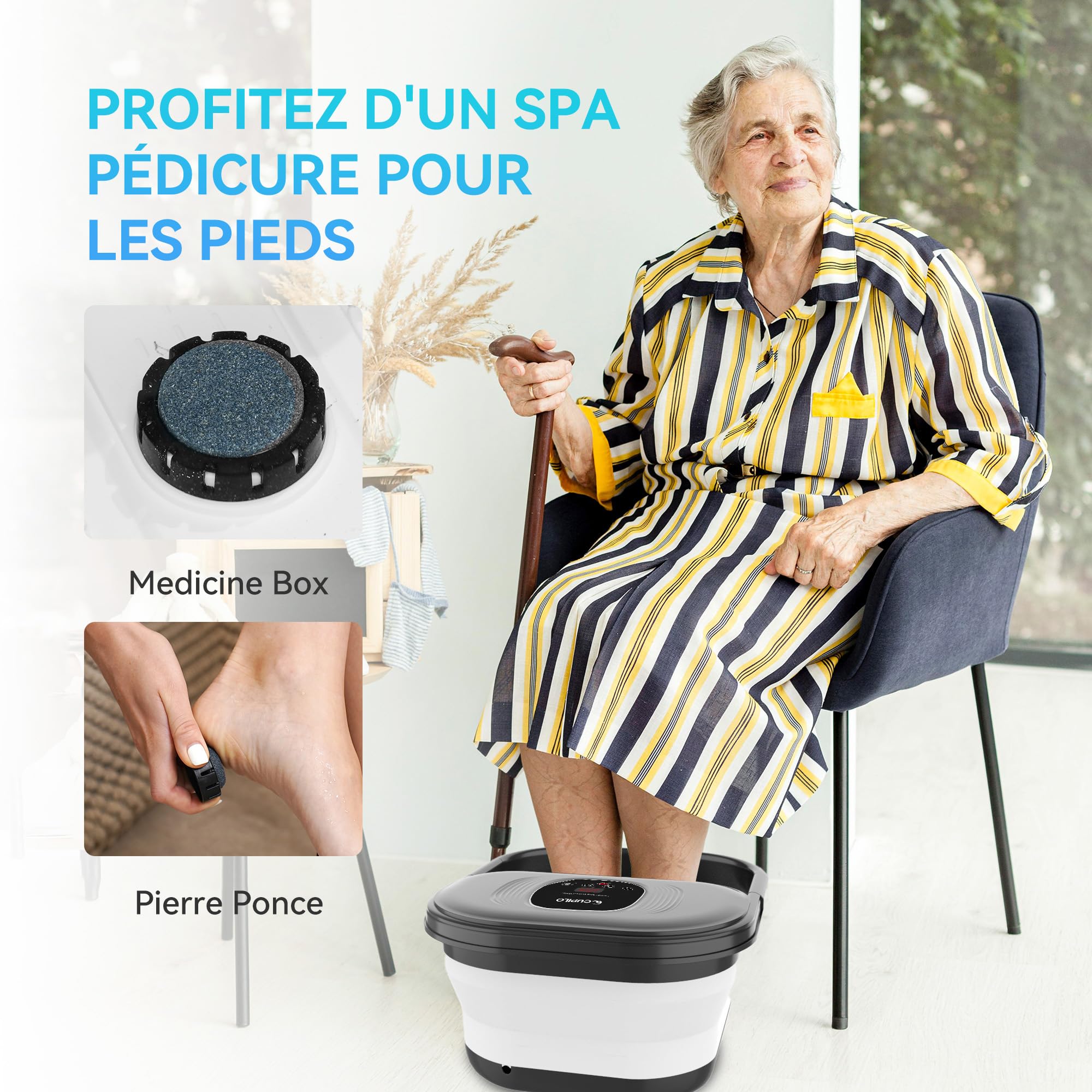 CuPiLo Fußbad mit Massagefunktion, Faltbare Fußbadewanne mit Heizfunktion, Fußsprudelbad mit Blasen, Infrarot, Bimsstein & 8 Massagerollen, Fussbad Massagegerät für Wellness, Pediküre & Entspannung