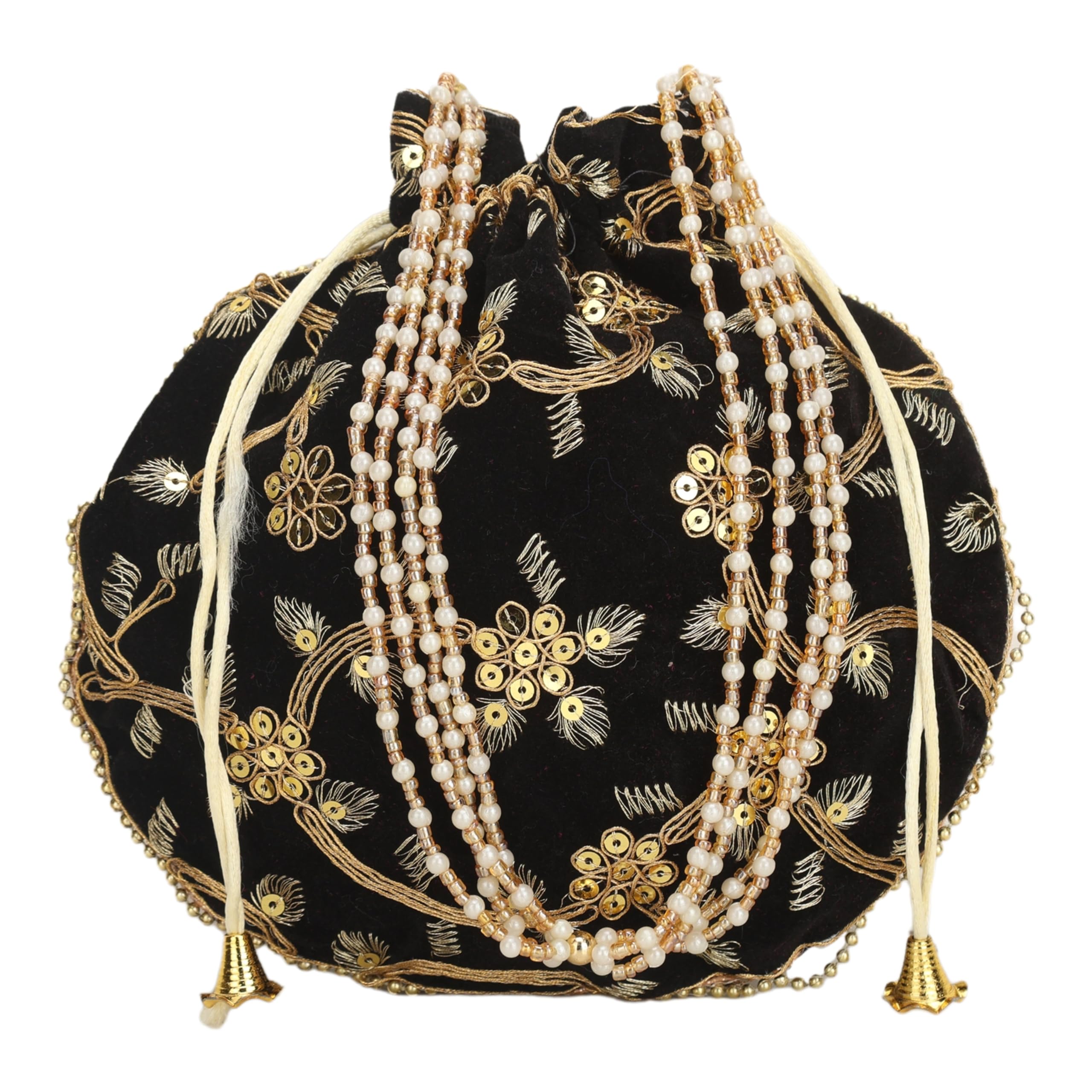 Craft Trade Women's Cotton Embroidered Potli Bag with Drawstring and Pearl Handle Pouch Golden Work Ladies Purse for Bridal