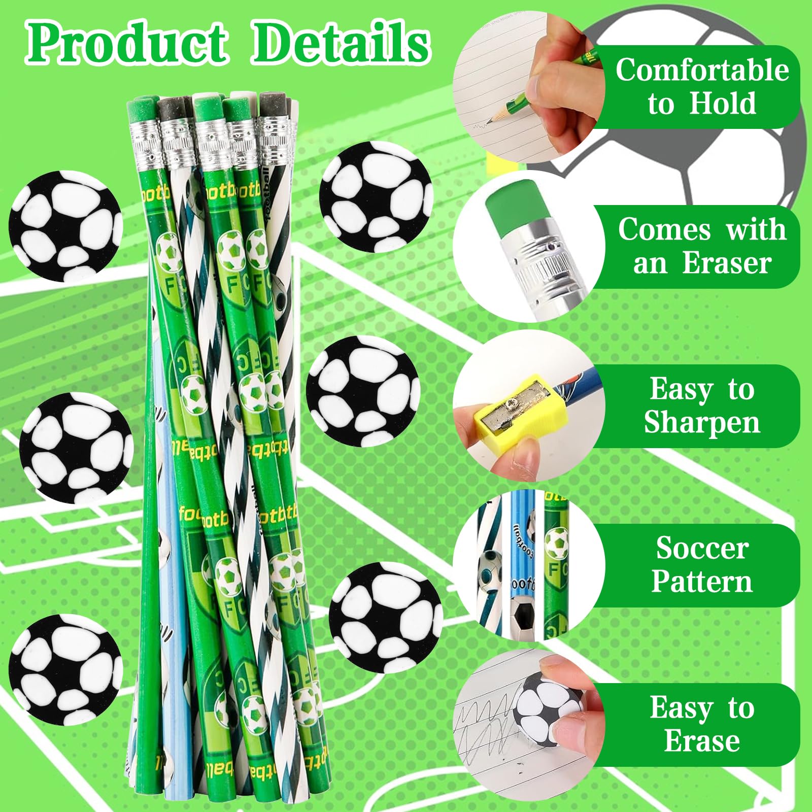 12 Crayons à Papier Avec Gomme - Motif Football - 19 Cm - Idéal Anniversaire, Kermesse, Cadeaux Enfants