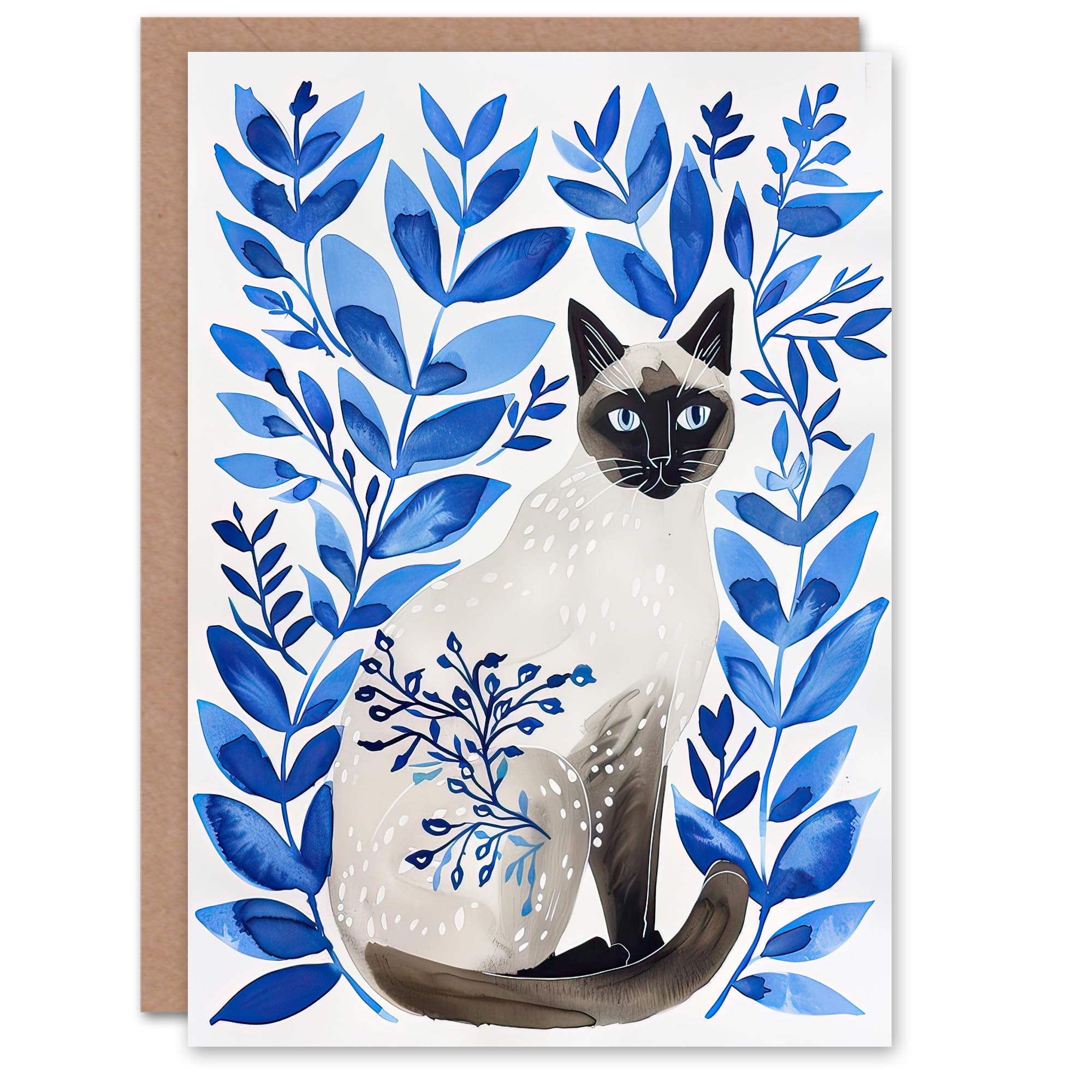 Artery8 Greeting Card Siamese Cat Lover and Blue Plants Pet Portrait Blank For Him Or Her Art Birthday Card