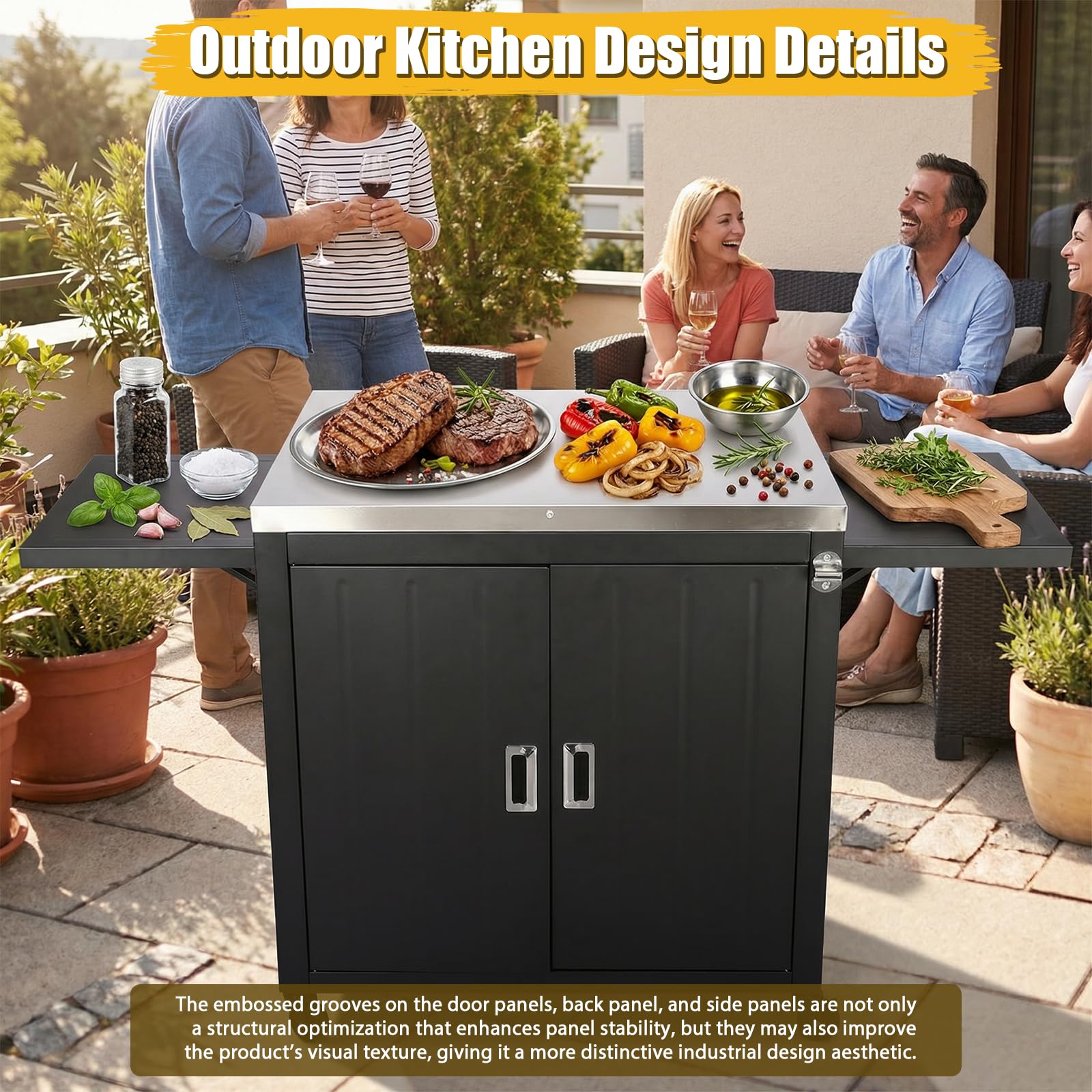 GFTIME Carrello da cucina per esterni, 89,9 x 65 x 91,9 cm, con piano di lavoro in acciaio inox, 2 ripiani laterali pieghevoli, 2 ante e ruote, carrello da portata mobile per barbecue, giardino