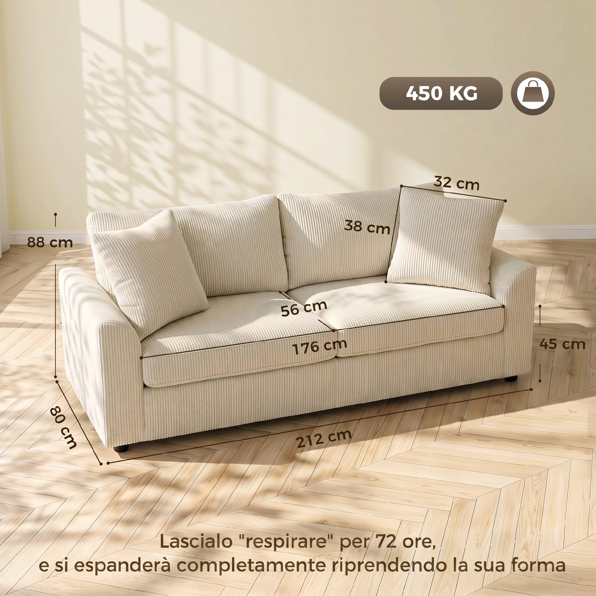HOMCOM Divano 3 Posti con 2 Cuscini e Braccioli 212x80x88 cm Bianco Crema | in Velluto a Coste, Divanetto Moderno, Struttura in Acciaio, Imbottitura Morbido, Sofà per Casa Soggiorno Salotto