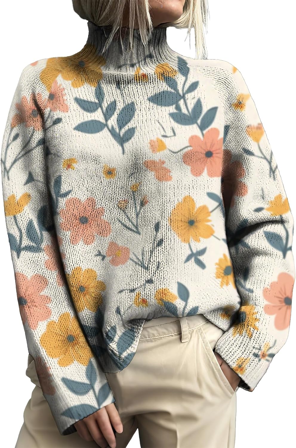 Pullover Sweater for Women Boho Floral Long Sleeve Kniteed Chunky Winter Sweaters T...
