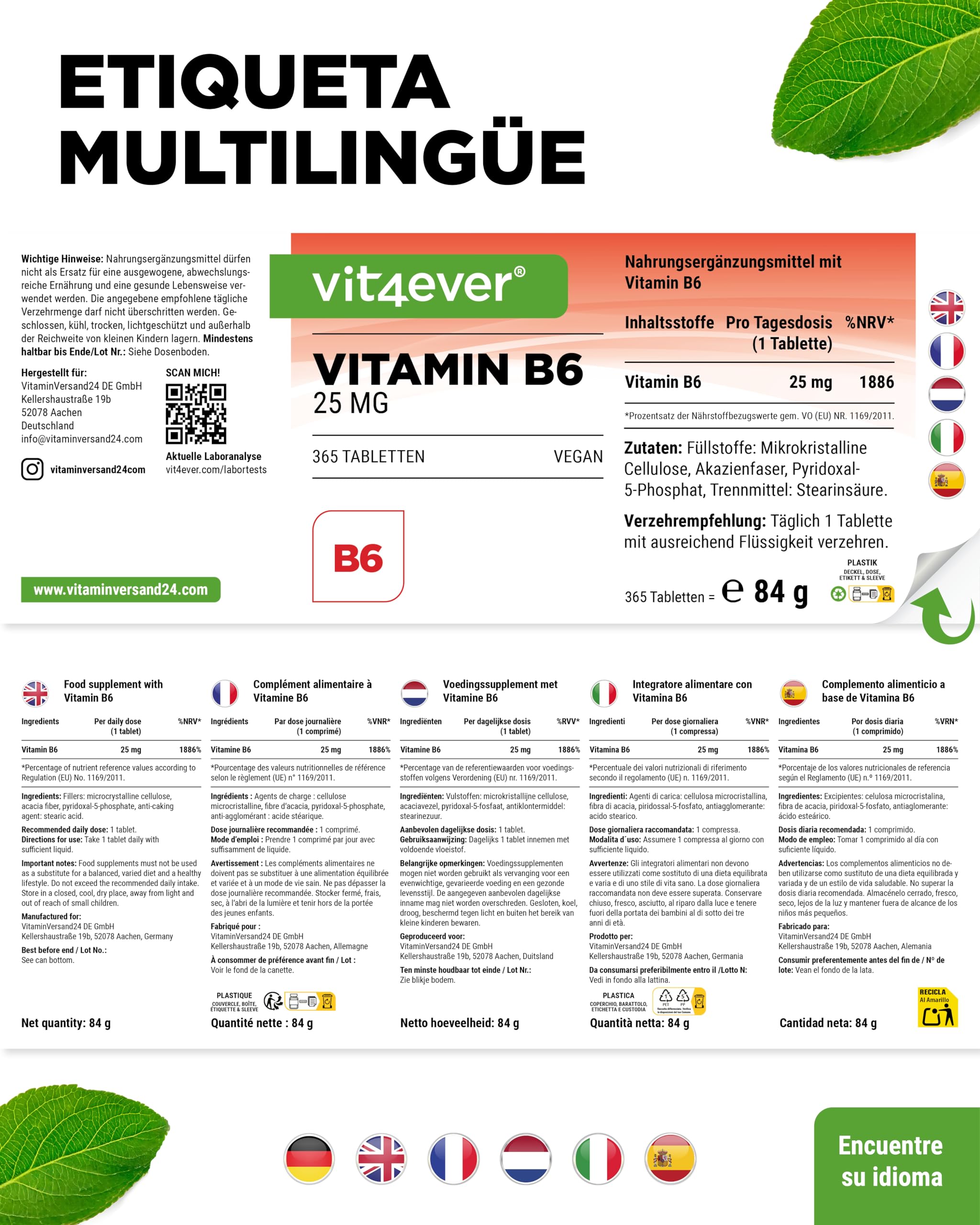 vit4ever Vitamina B6 en Forma de P-5-P - 365 Comprimidos - Alta Dosificación con 25 mg (Piridoxal-5-Fosfato) - Premium: Vitamina B6 Bioactiva - Sin Aditivos no deseados - Vegano