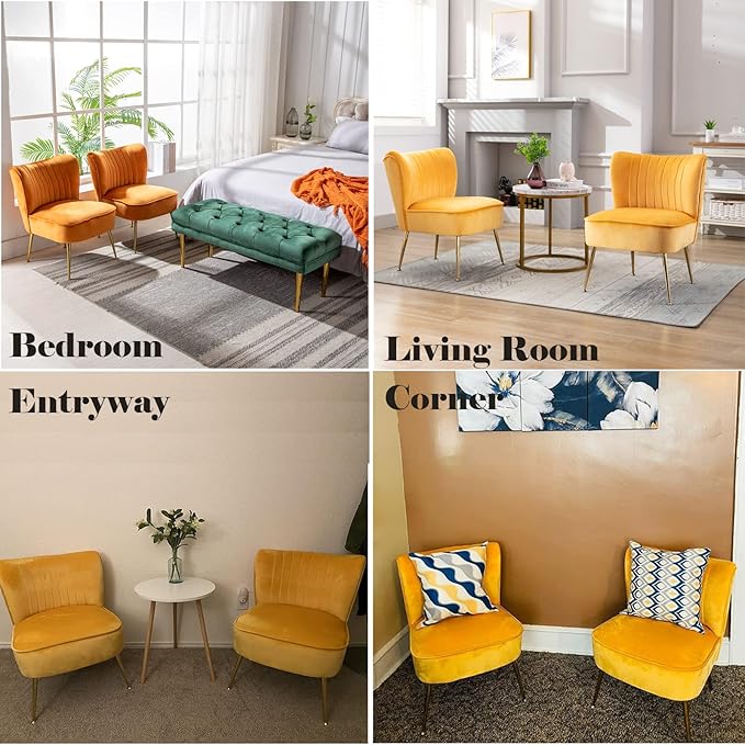 Sillón Acento Moderno Terciopelo Amarillo Patas Doradas miniatura 10