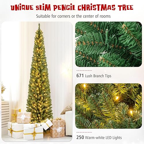 Miniatura 172 de Goplus Árbol de Navidad artificial de 6 pies, árbol de Navidad con bisagras preiluminado con 250 luces LED y soporte de metal, árbol de Navidad
