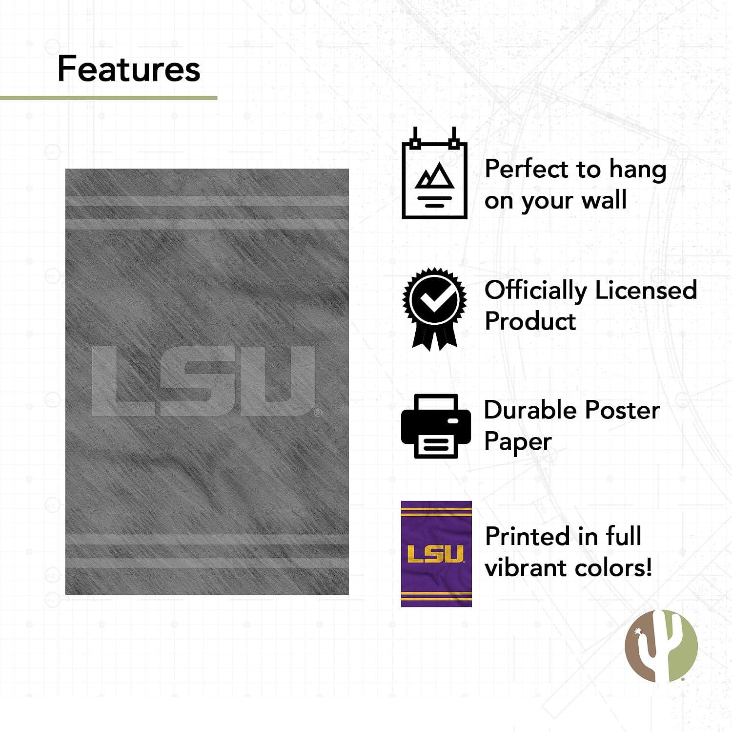 Desert Cactus LSU Poster Tigers Geaux Louisiana State University 11 x 17 Inch Room Office Décor Decoration Official Fan Gear (11x17 inch, Version 3)