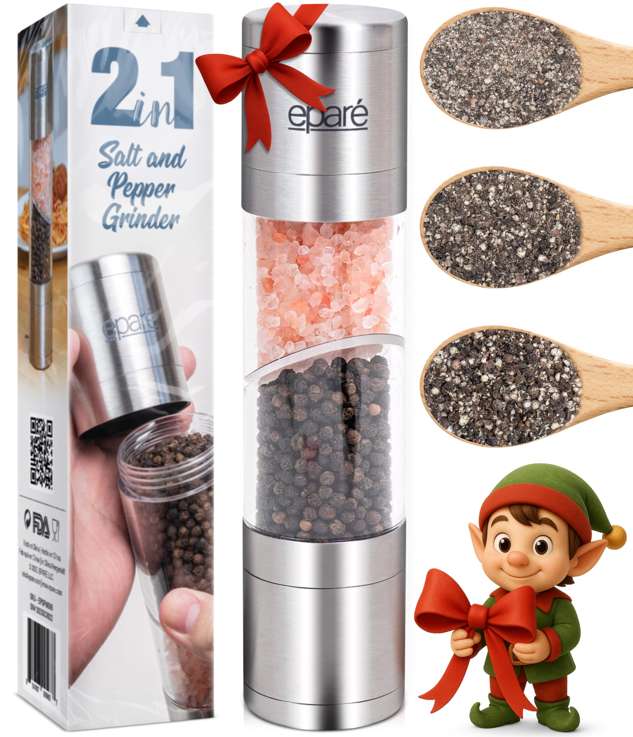 Eparé 2 in 1 Salt and Pepper Grinder Combo – Manual Dual Salt and Pepper Grinder in One for Kitchen Use – Stainless Steel Himalayan Salt Grinder Refillable All-in-One