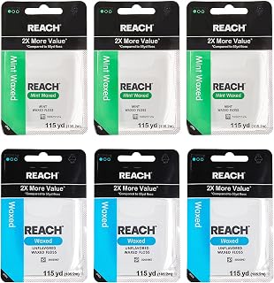 REACH Waxed Dental Floss, Unflavored & Mint, Plaque Remover for Teeth, Shred Resistant, Floss Slides Smoothly, Easy to Use, Waxed, for Adults & Kids, Oral Care, PFAS Free, 6 Pack, 115 yd