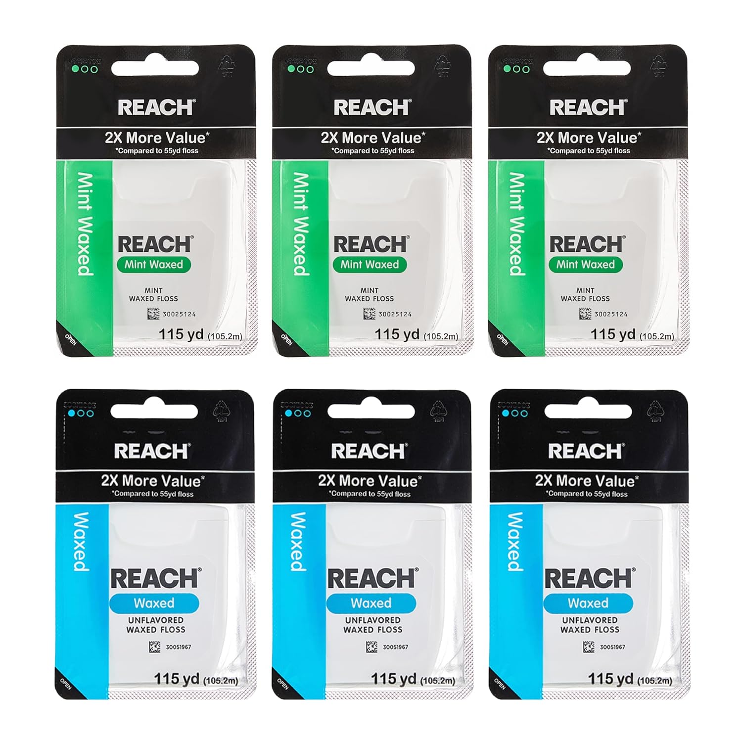 REACH Waxed Dental Floss, Unflavored & Mint, Plaque Remover for Teeth, Shred Resistant, Floss Slides Smoothly, Easy to Use, Waxed, for Adults & Kids, Oral Care, PFAS Free, 6 Pack, 115 yd