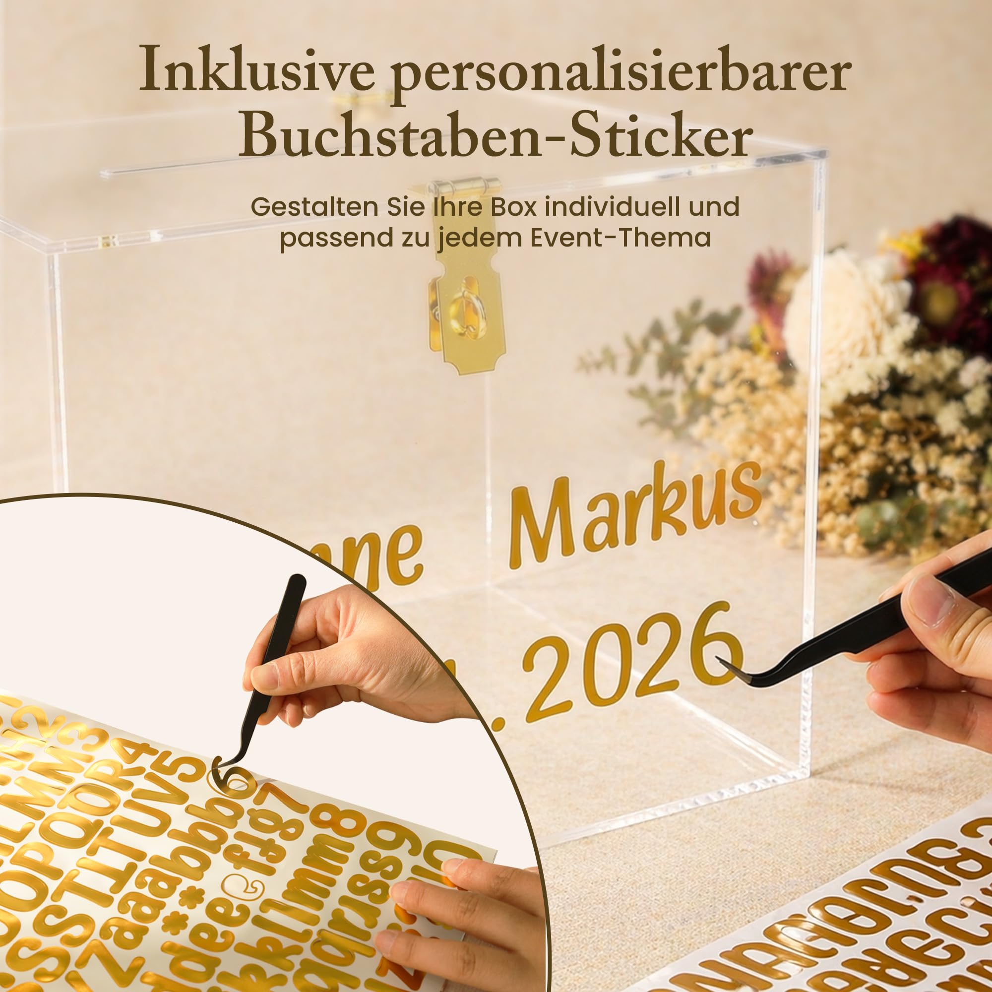 StarK Kartenbox Hochzeit – Elegante Acrylbox mit Schloss | Personalisierbar mit goldenen Buchstabenstickern inkl. Pinzette | Für Karten & Geldgeschenke, Geschenkbox Hochzeit