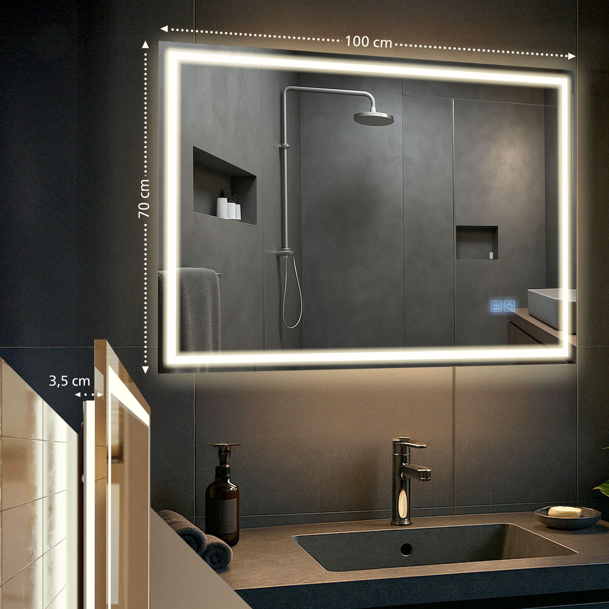 CLP Specchio da bagno Jaffrey, altoparlante Bluetooth, antiappannamento, specchio da parete con illuminazione a LED, dimmerabile, Dimensione:70x100 cm
