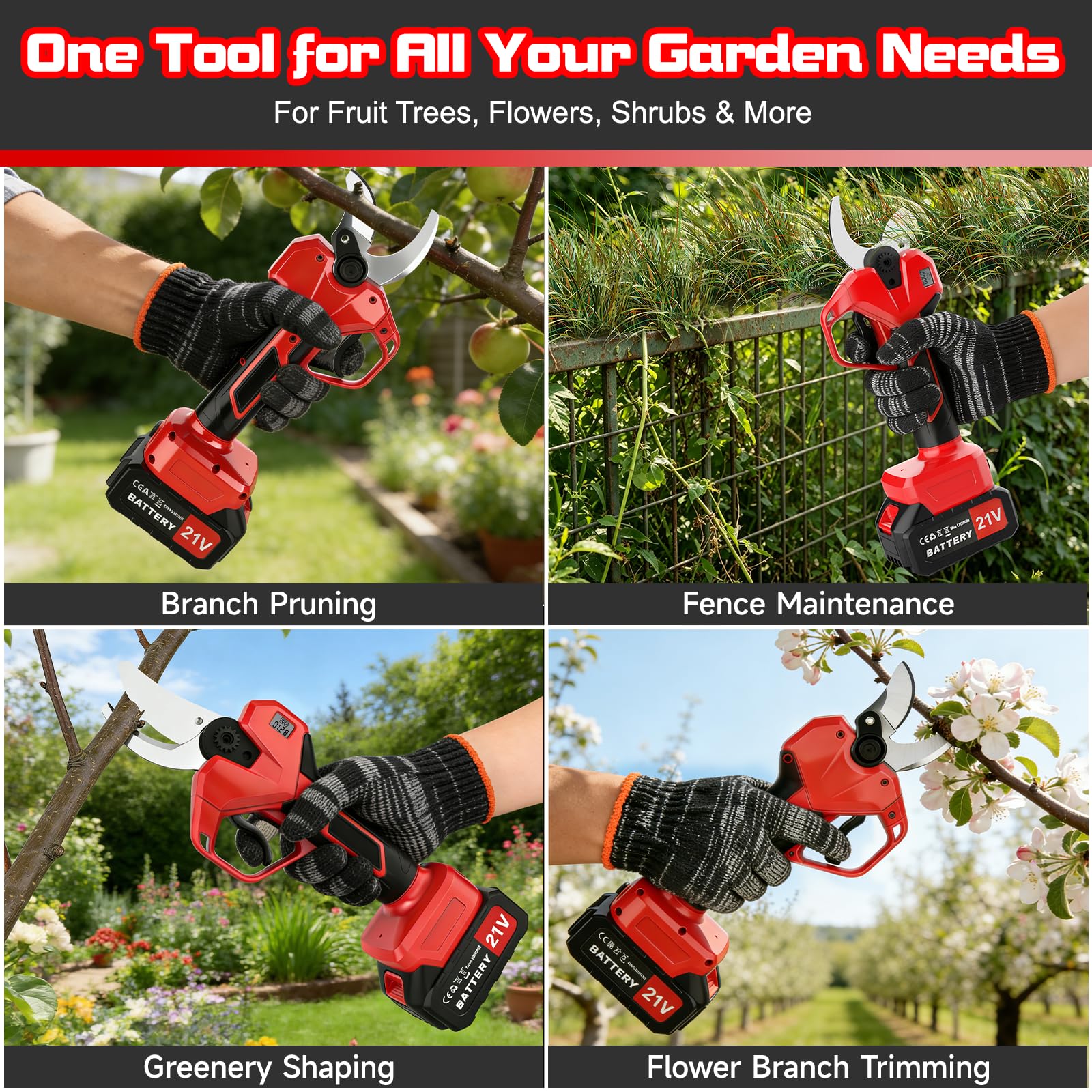 Tijeras de Podar Eléctricas 50mm 730W Brushless 2x 4000mAh | Podadora a Batería, Tijera Cortarramas Profesional, Pantalla LED, Para Viñedos, Olivos y Frutales