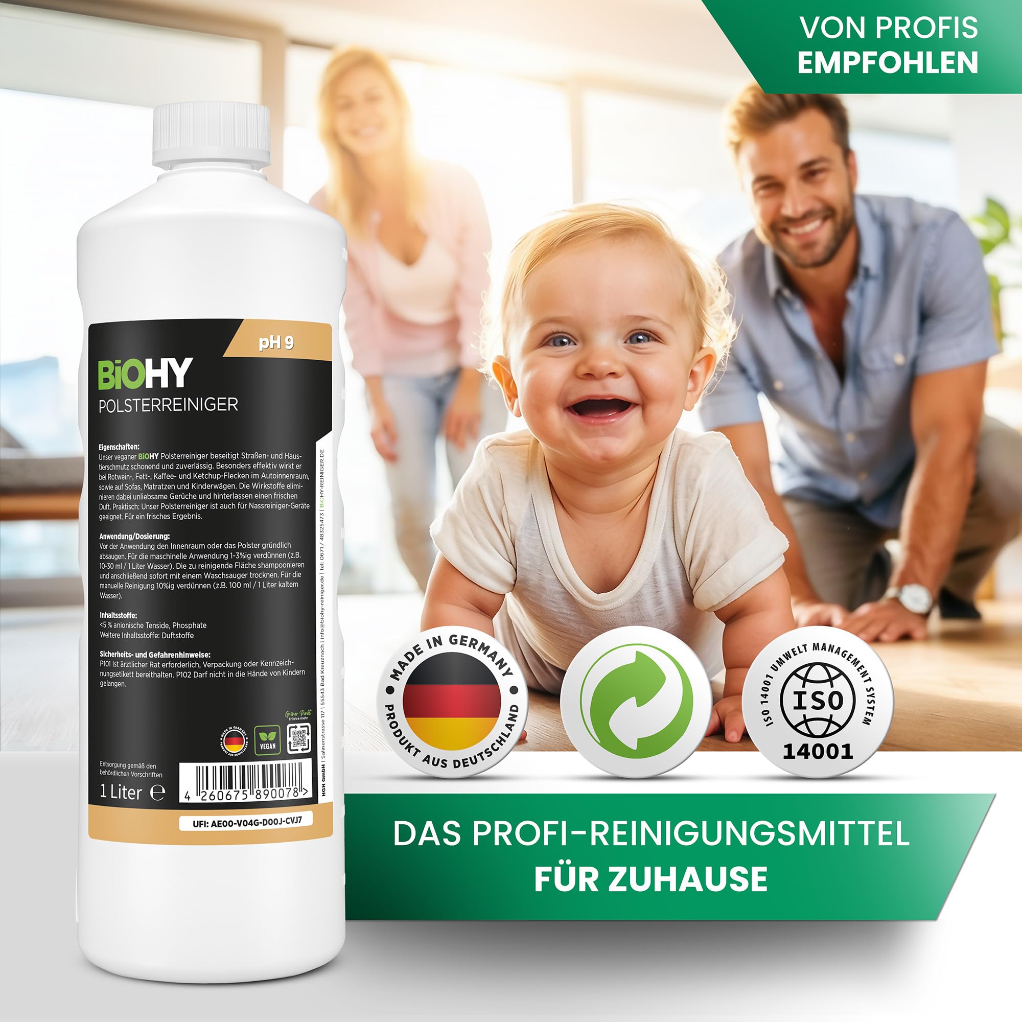 BiOHY Limpiador tapicerías (Bidón de 10 litros) | Ideal para asientos de coche, sofás, colchones, etc. | También es adecuado para las lavadoras (Polsterreiniger)