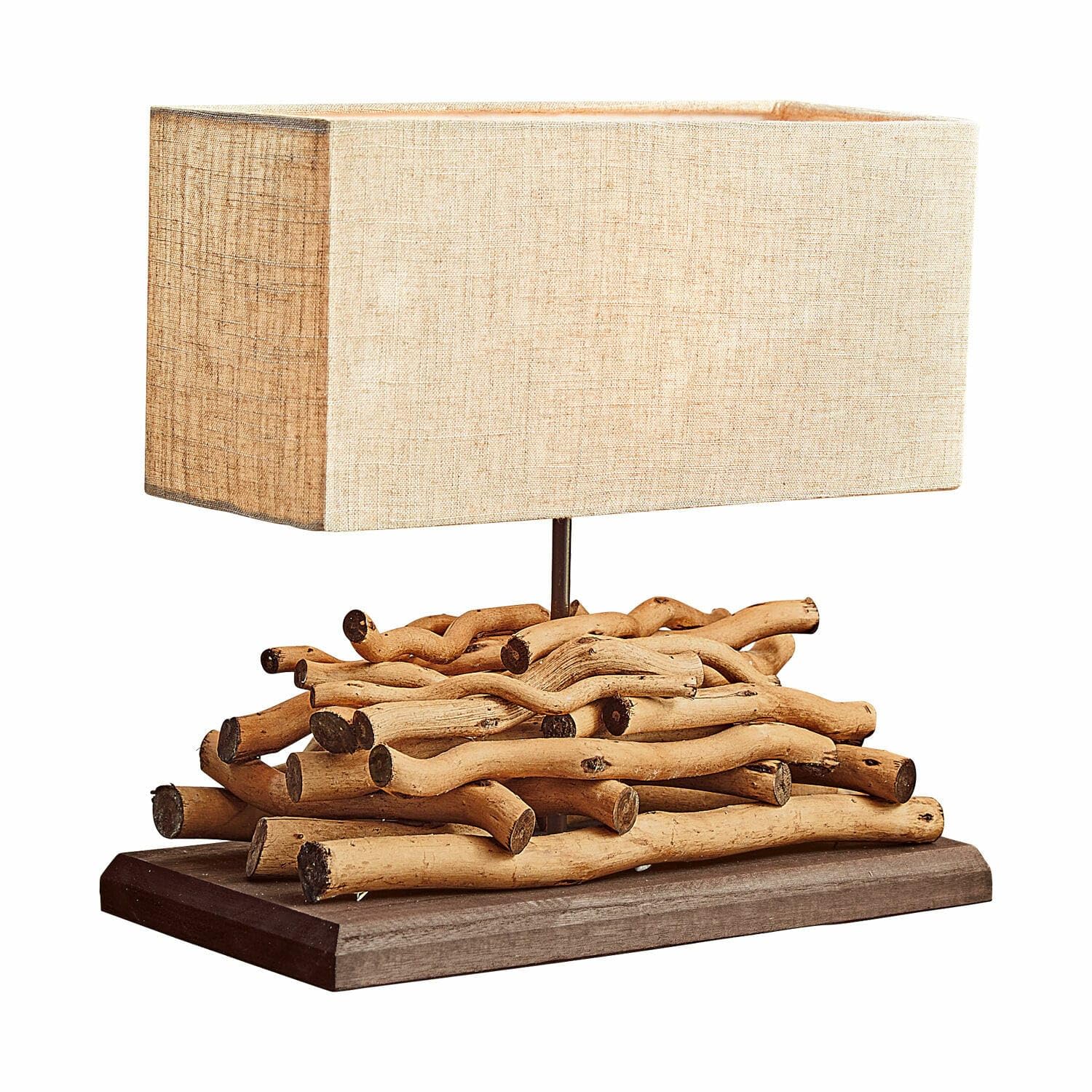 LOBERON Tischlampe Caribou - Maritime Lampe Mit Treibholz - Eckiger Lampenschirm - Jedes Stück Ein Unikat - Holz, Baumwolle & Leinen - Höhe 39 cm, leinen/braun