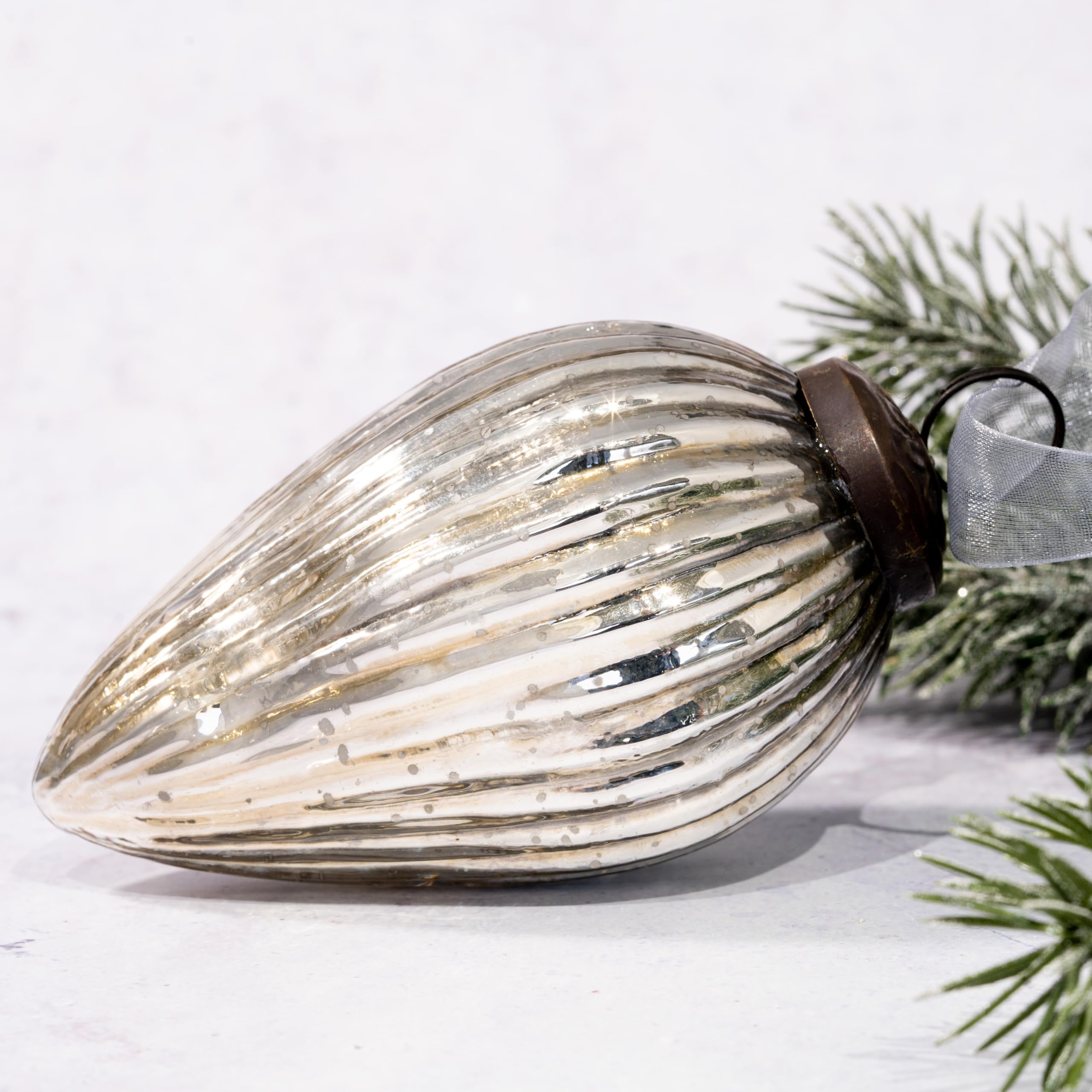 Arthur Cameron Silver Christmas Glass Pinecone Hanging Decorations | Xmas Pine Ornament Bauble (4", )