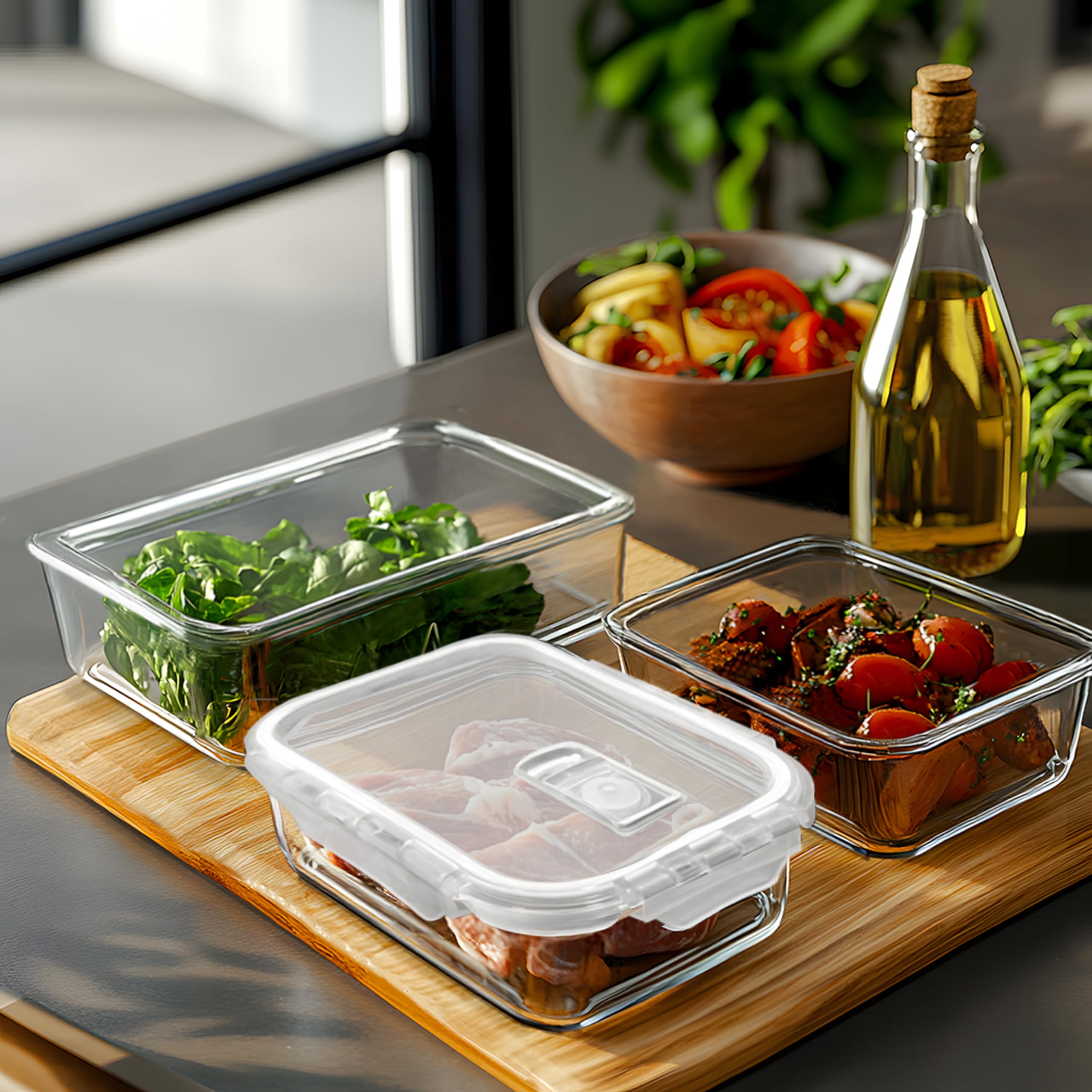 Juego de 4 recipientes de cristal con tapa y cuenco de cristal con tapa, 680 ml, herméticos, aptos para microondas y lavavajillas, sin BPA, vasos de almacenamiento