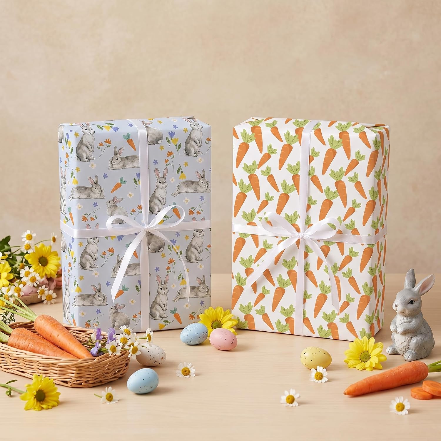 RUSPEPA Reversible Easter Wrapping Paper Roll, Mini Roll, Cute Bunny, Flowers and Watercolor Carrot Design, Spring Gift Wrap Paper for Kids Easter Gifts, Baby Shower, Birthday, 17 Inches x 16.4 Feet image 5