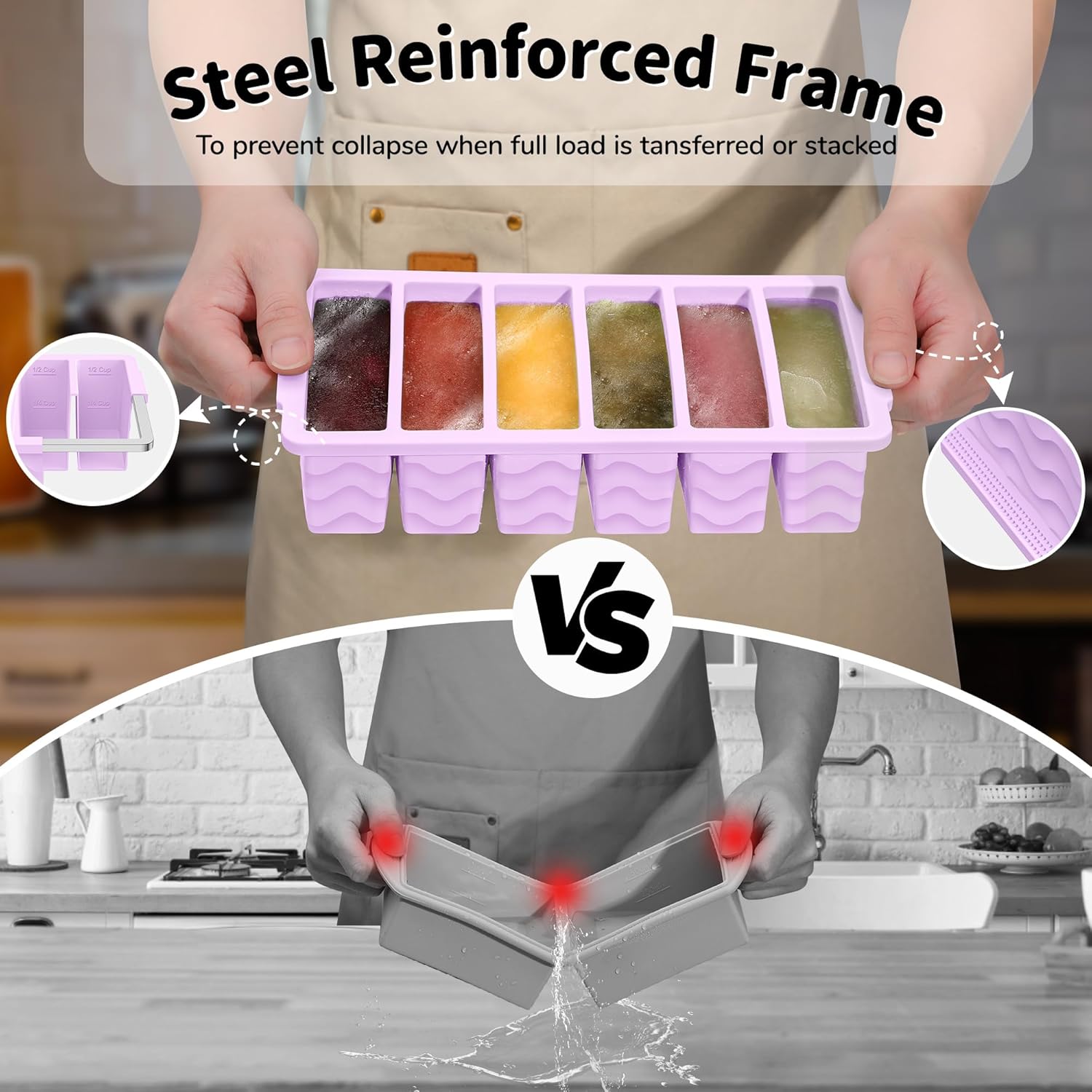 2-Pack Silicone Freezer Trays with Lid, 2 Large 2-Cup(500ml) & 6 Small 1/2-Cup(125ml) Soup Freezer Container Molds, Ice Cube Tray For Meal Prep & Freezing Soup, Stews, Sauces, Oven & Dishwasher-Safe - Image 3