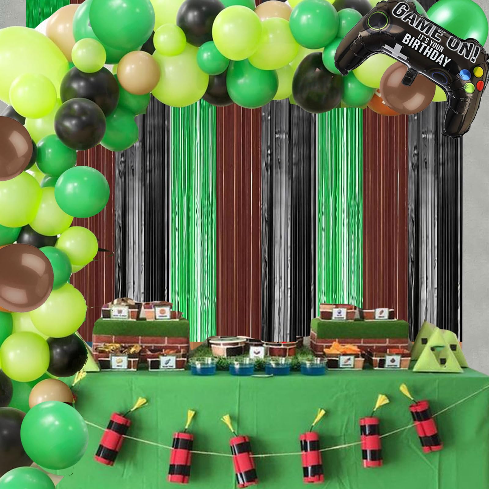 Miner Birthday Party Decorations and Supplies, Includes Green Brown Balloon Garland Arch Kit, Backdrop, Table Cover, for Boys Girls Game theme