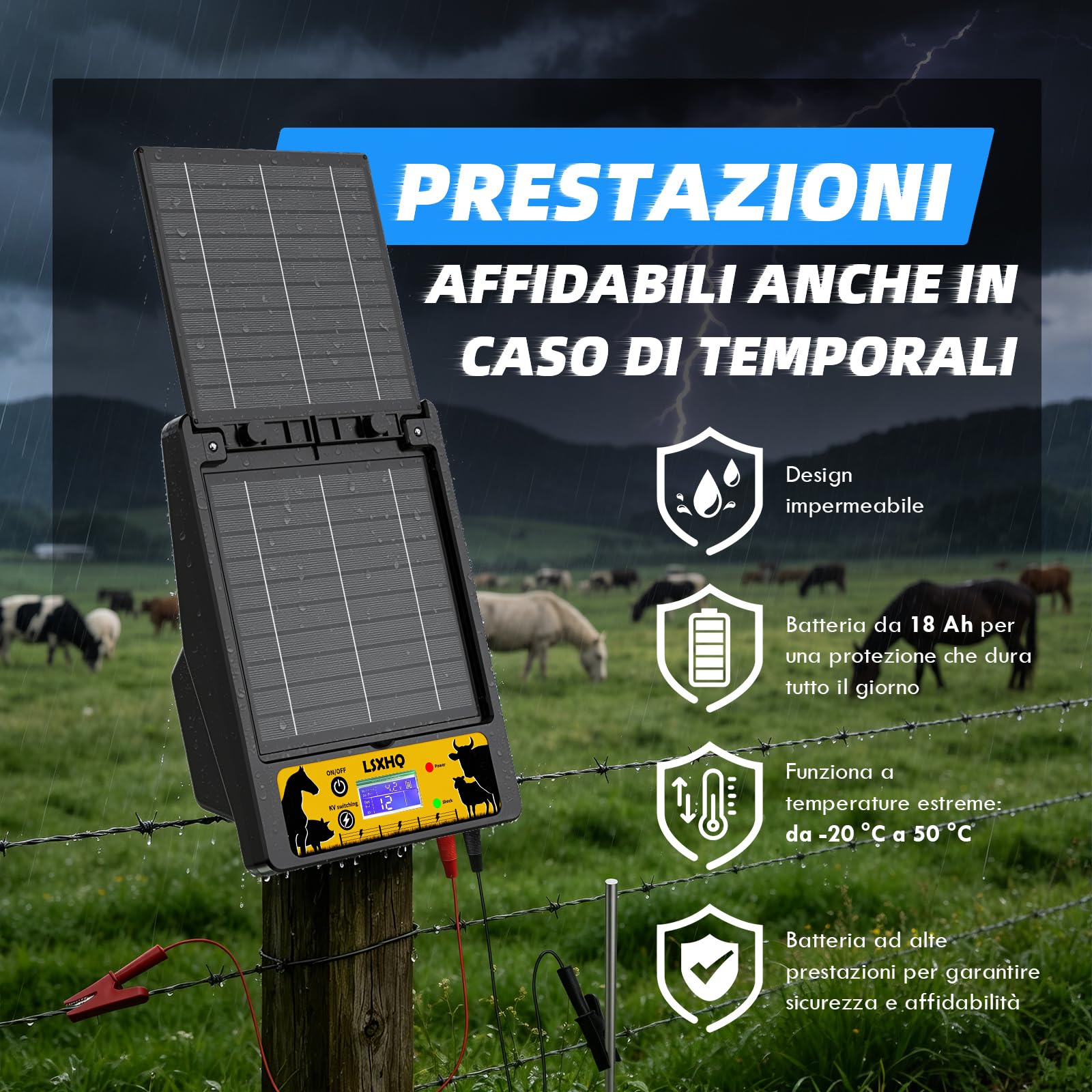 Elettrificatore per Recinti Solare 32 KM, 0.3-2J, 6KV-12KV Regolabile, Portata, Elettrificatore con Pannello Solare 10W, Batteria al Litio 18000mAh, Protezione Sicura per Giardini, Pollame(Nero)