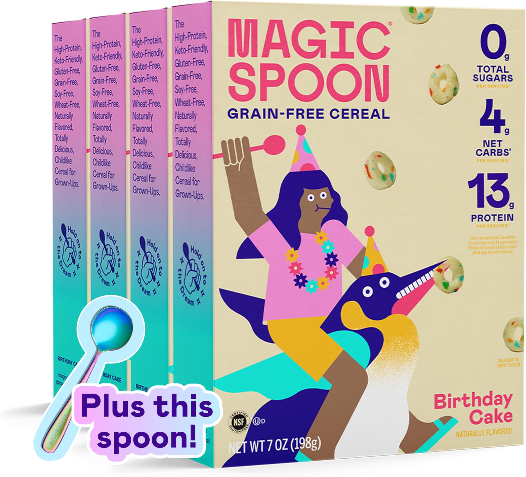 Cereal - High Protein Cereals - Sugar Free Snacks & Breakfast Food - Grain & Gluten Free Cereal - Healthy Snacks for Kids & Adults - Low Carb & Keto Friendly - 4 Pack, Birthday Cake