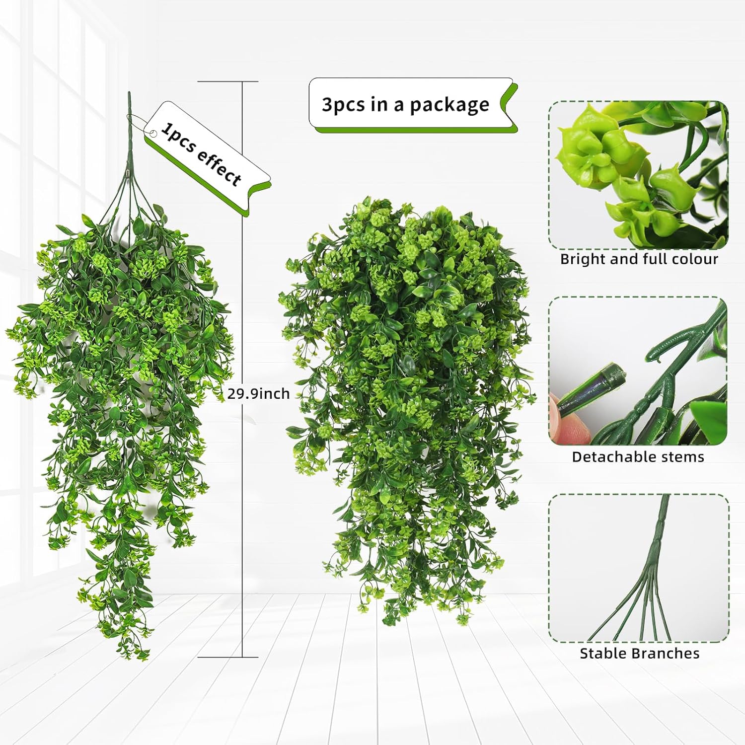 SJL Fake Hanging Plants 3pcs Hanging Plants with Flowers Artificial Greenery Faux Ivy Vine Leaves UV Resistant Plastic Plant Faux Greenery Vine Plant for Wall Home Indoor Outdoor Decor (Green) - Image 2