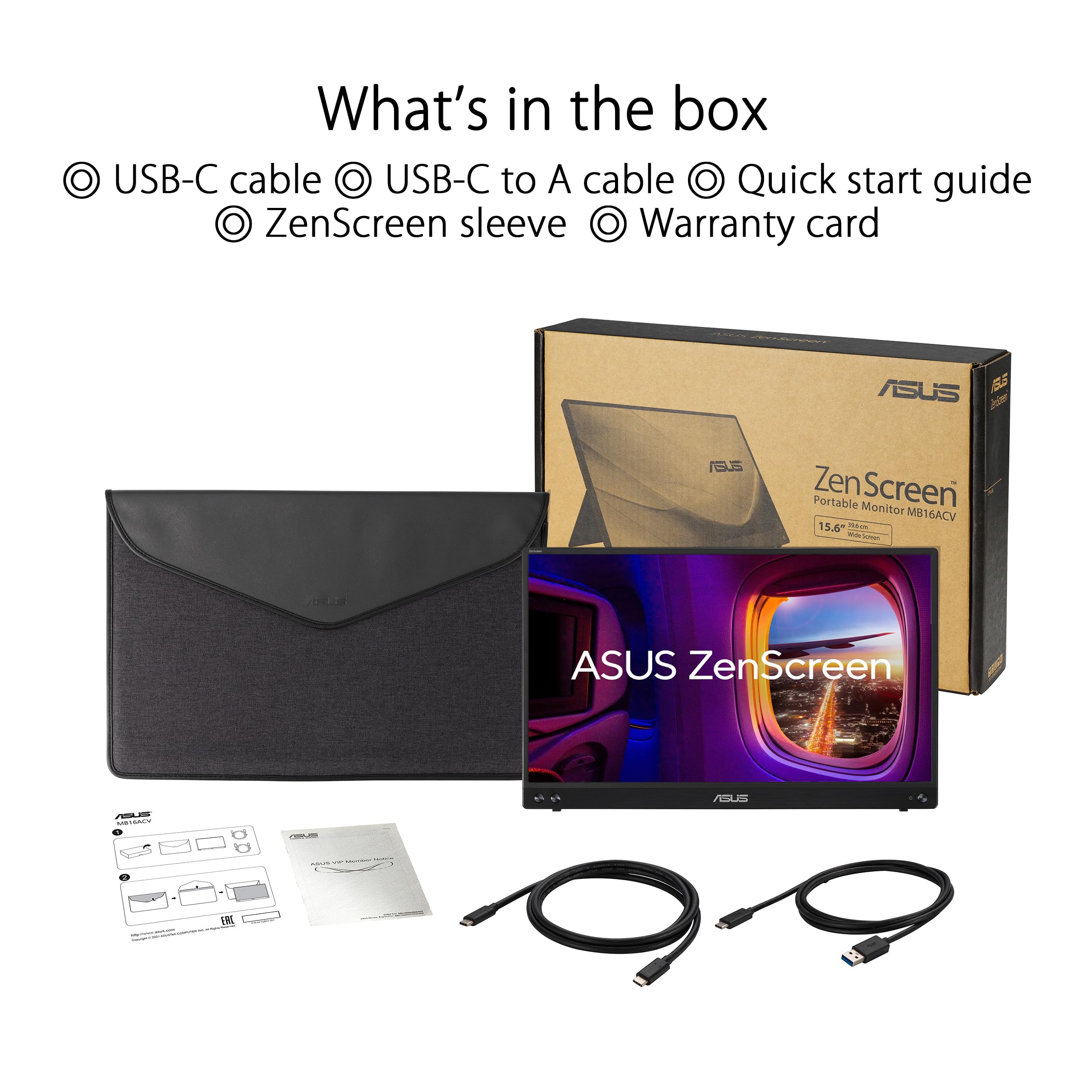 ASUS Zenscreen MB16ACV - 15,6" FHD laptop ekran - praca zdalna lub gamingowa - Zasilanie i wyświetlanie przez USB-C lub USB-A - Panel IPS - 1920x1080 - Ochrona antybakteryjna, migacz - do notebooków