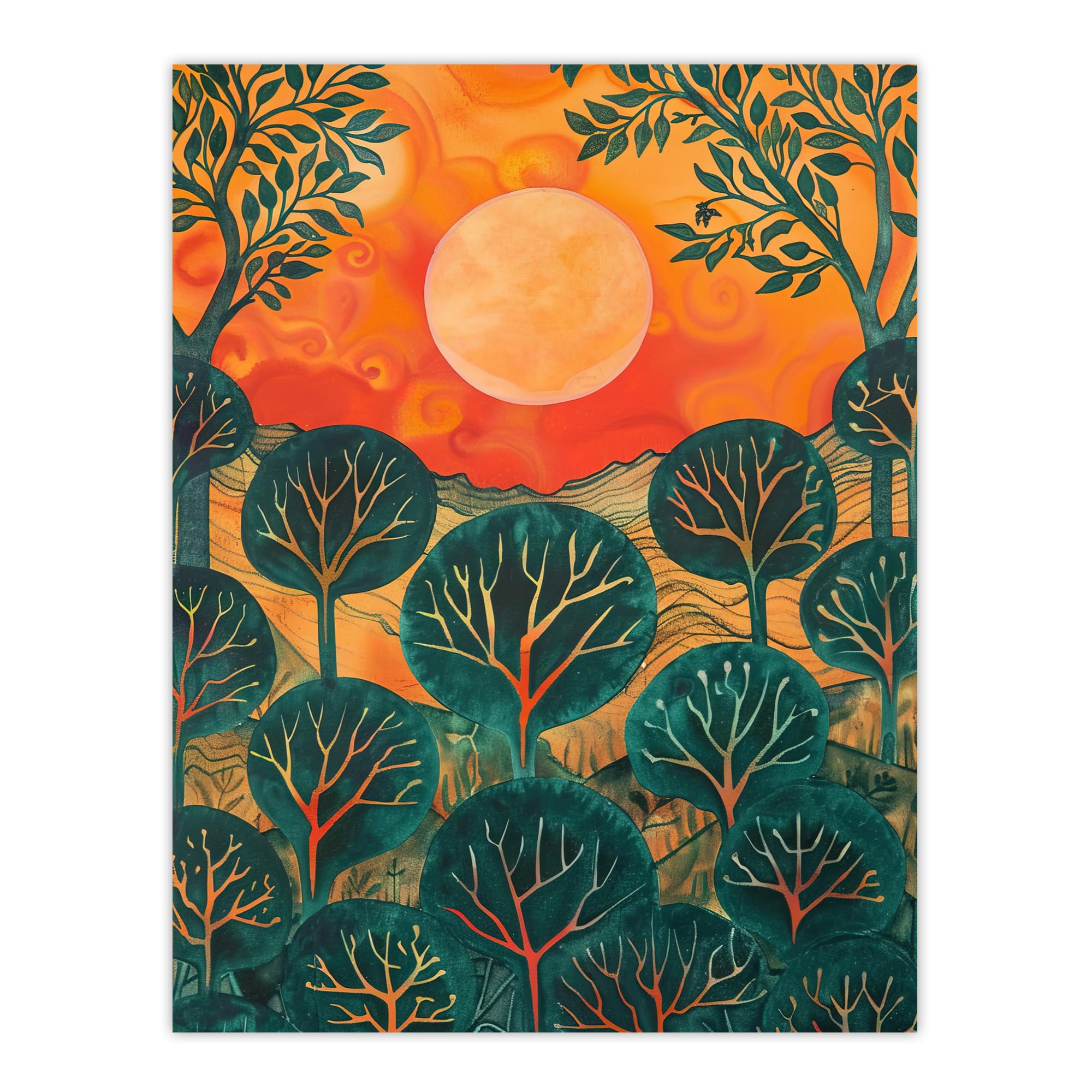 Artery8 Warm Sunrise Over Forest Painting Nature Living Room Large Wall Art Poster Print Thick Paper 18X24 Inch