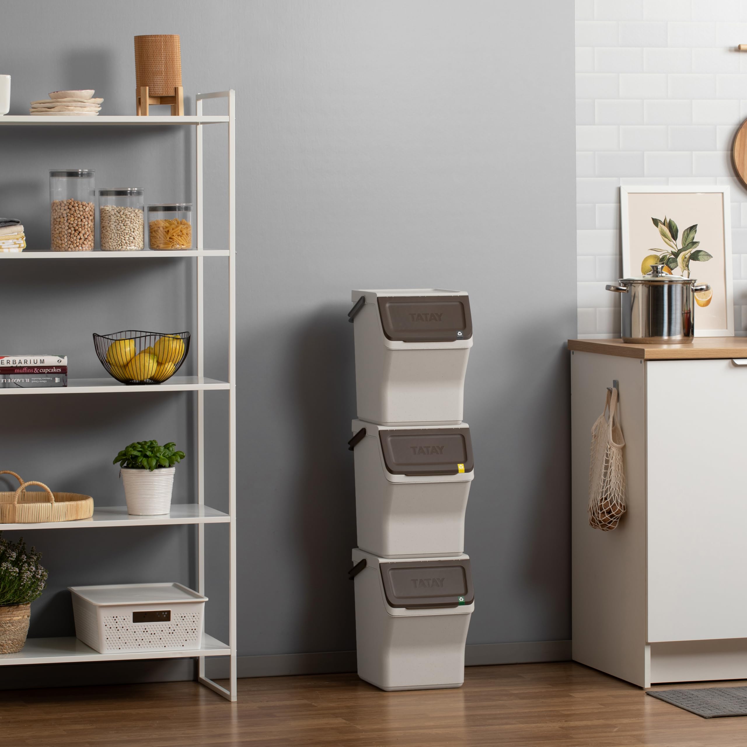 TATAY Mülltrennsystem Easy Waste 3-teiliges Set Integrierter Tragegriff | Mülltrennsystem Haushalt | Volumen 20 L | 35x27x36 cm | Modulares Design | 3er Set Recycling Behälter | Modular und stapelbar