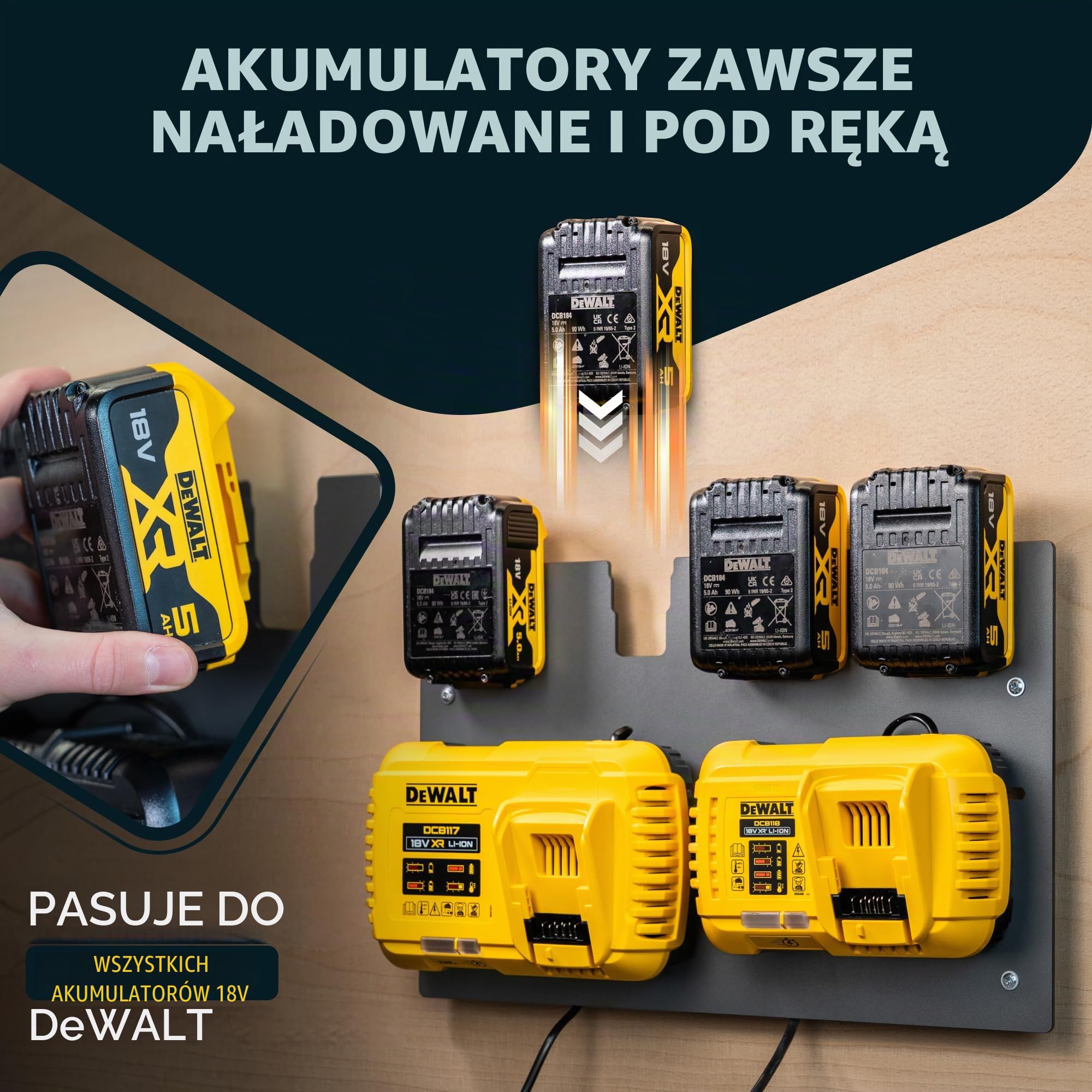 Wandfest Uchwyt ścienny do akumulatorów i ładowarek DeWalt | w zestawie materiał mocujący [Made in Austria] uchwyt na akumulator na 1-4 akumulatory | teraz więcej porządku w warsztacie i garażu