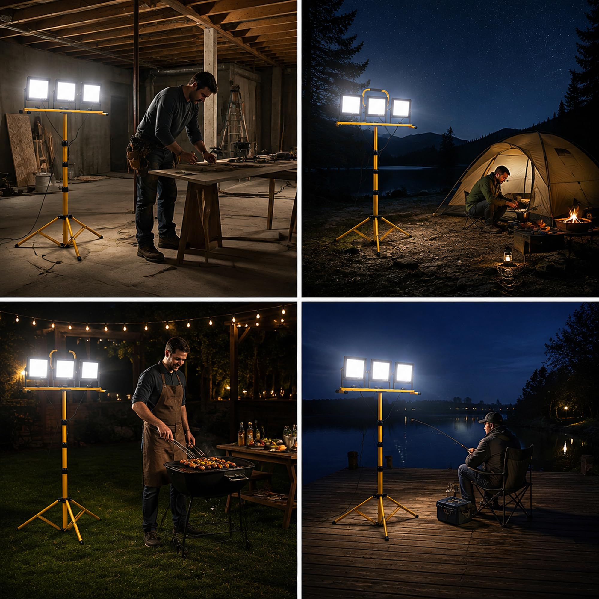 Projecteur LED chantier, 70W×3, sur trépied, IP66, avec câble 5M | Orientable; hauteur réglable; pour atelier et garage.