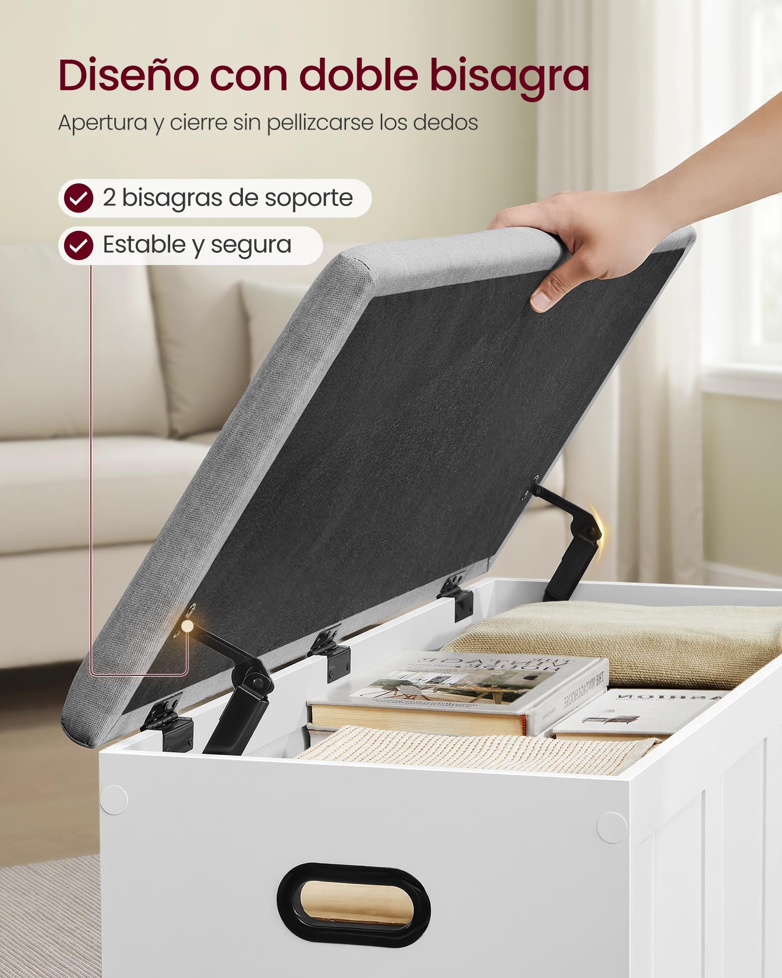 VASAGLE Banco Arcón con Tapa, 2 Bisagras de Seguridad, Banco Zapatero, Estilo Rústico, para Recibidor, Dormitorio, Salón, 41 x 101 x 49 cm, Blanco Mate y Gris Paloma LSB068W101
