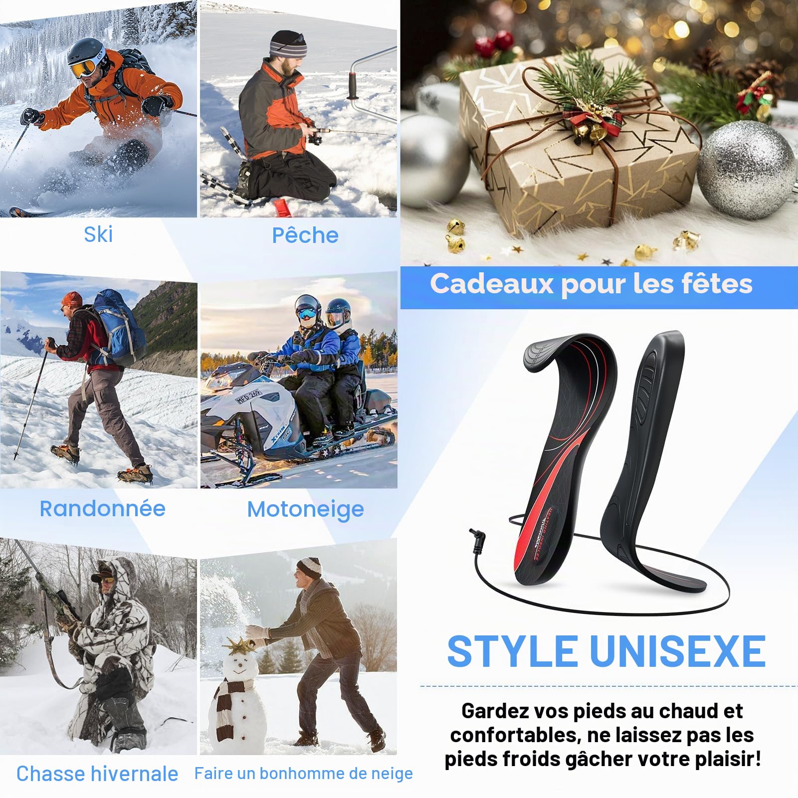 Semelle Chauffante, 7.4V Semelle Chauffante Rechargeable, 2 en 1 Semelles Chauffantes & Genoux Chauds, Semelle Intérieure Chauffée Intelligente pour Sports - Ski Cyclisme Moto