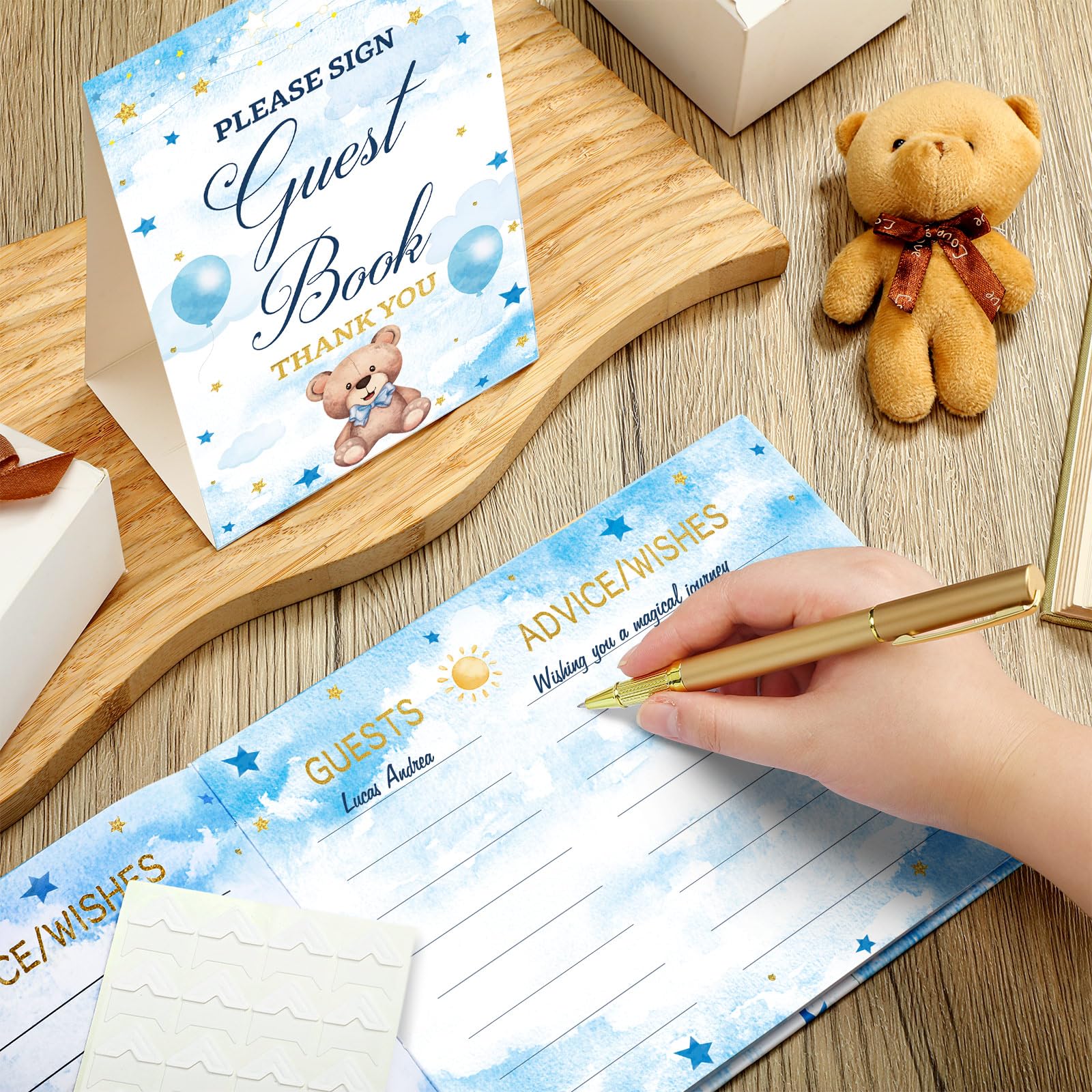Fuyoooo Zestaw księgi gości na baby shower, niebieski, niedźwiedź, baby shower, 27 szt