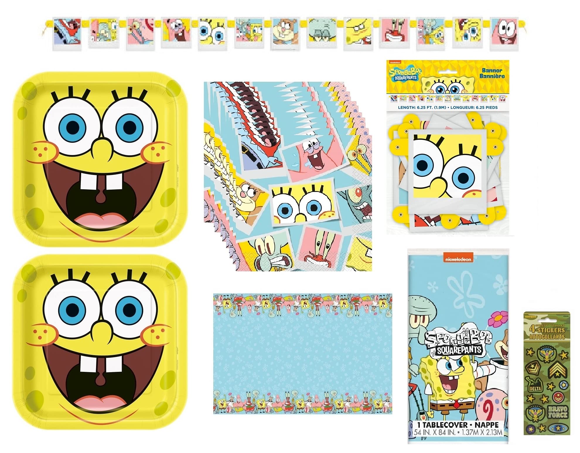 Unique Spongebob SquarePants Birthday Party Supplies Decoration Bundle Pack includes 16 Plates, 16 Napkins, 1 Table Cover, 1 Banner, 1 Dinosaur Sticker Sheet