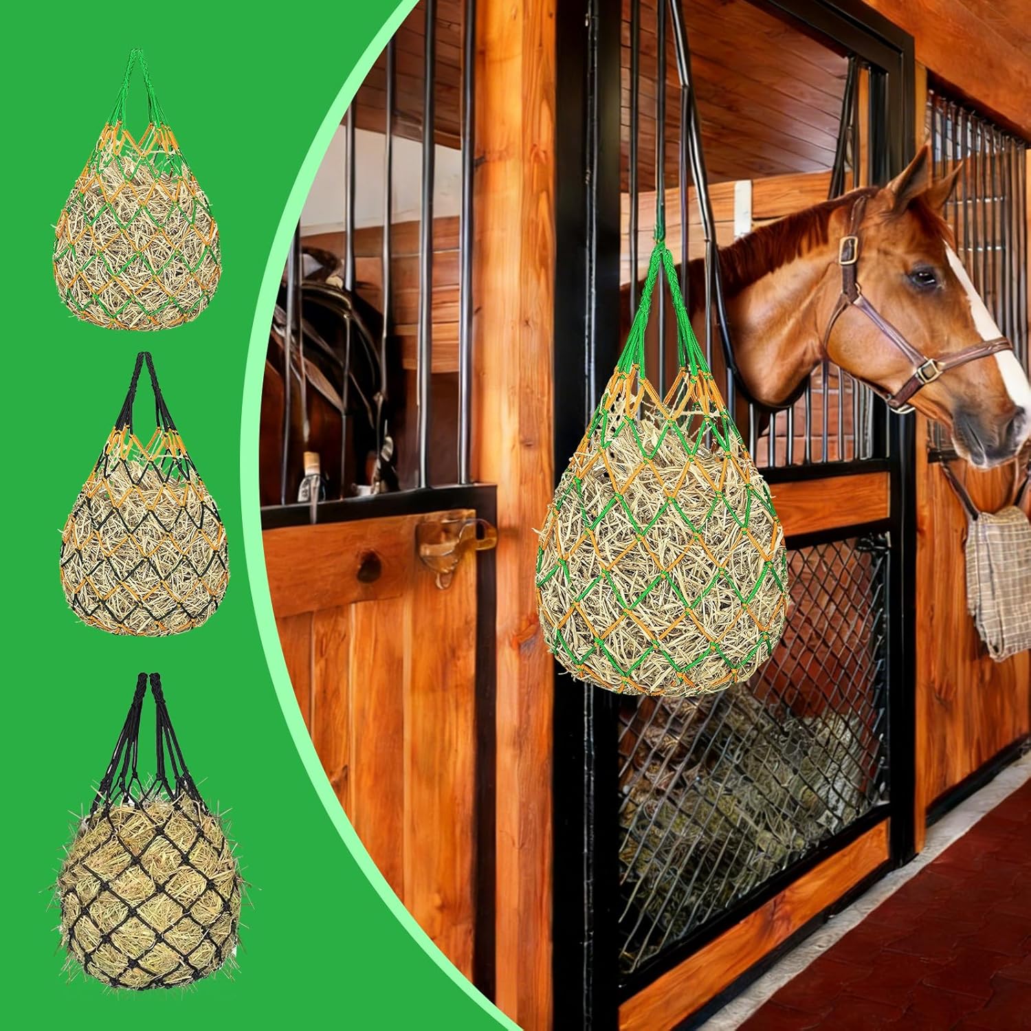 3 Pack Slow Feed Hay Nets for Horses, 40-Inch Durable Mesh Hay Bags with Carabiners and Gloves, Durable Hanging Hay Net for Goat Sheep, Livestock Hay Feeder for Stable Trailer Pasture