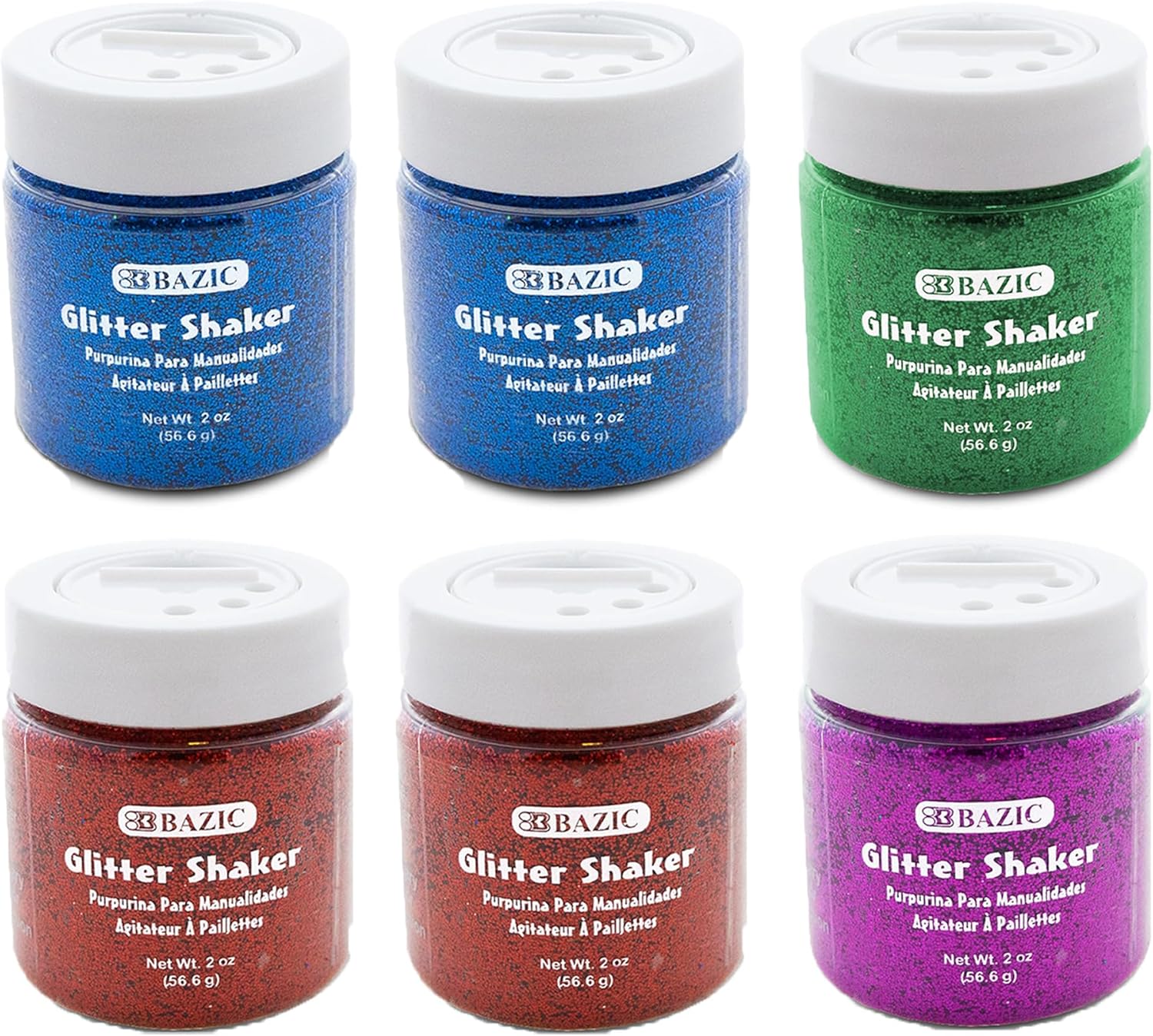 BAZIC Products Glitter Shaker Primary Color, Sparkling Powder in Jar for Slime Paints Crafts Nail Art Polish Skin Halloween Party (56.6g/Pack), 6-Packs