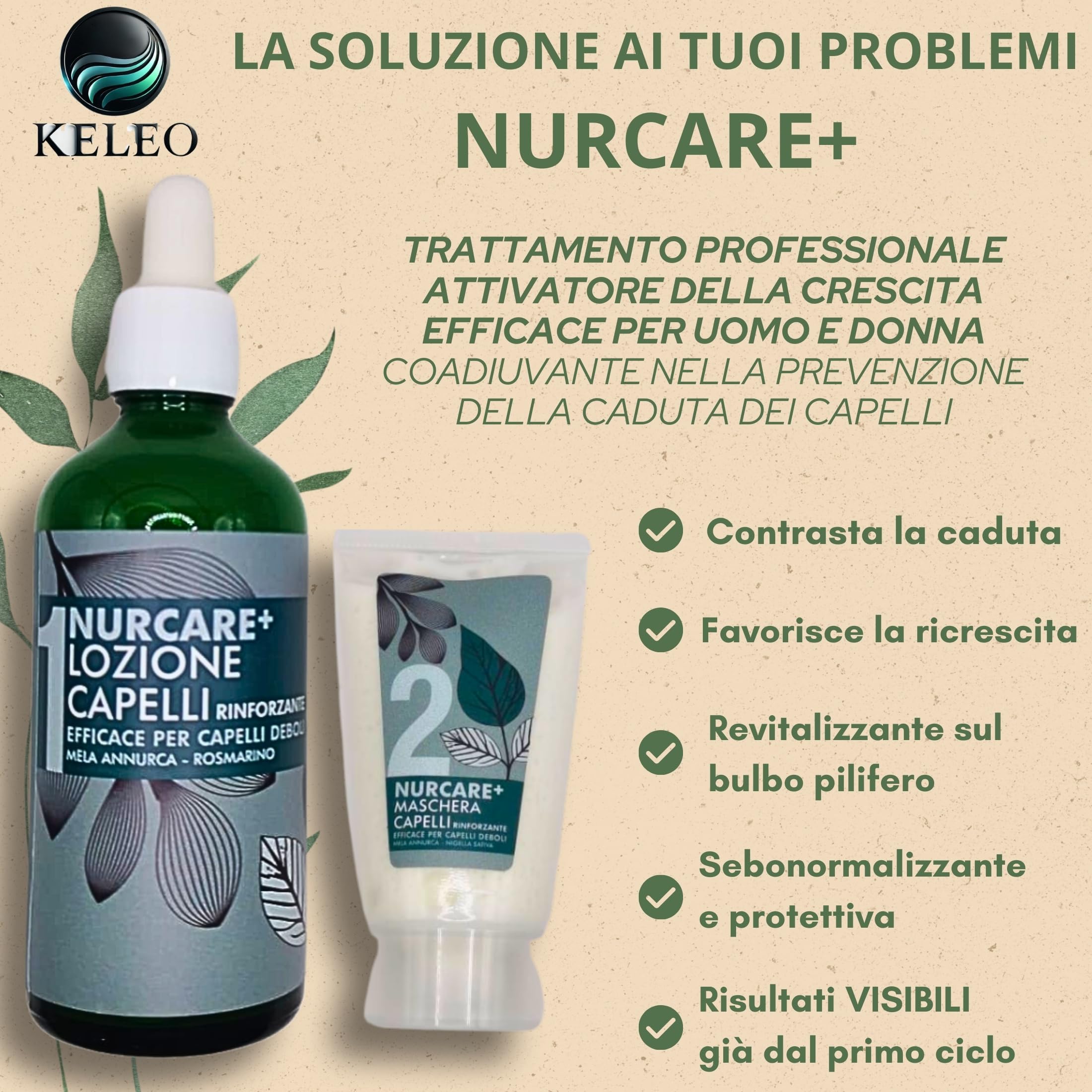 Keleo nurcare+ Bio siero capelli lozione Anticaduta Fortificante con Estratto di Mela Annurca e Rosmarino + Maschera Rinforzante capelli - Adatto a Tutti i Tipi di Capelli uomo donna