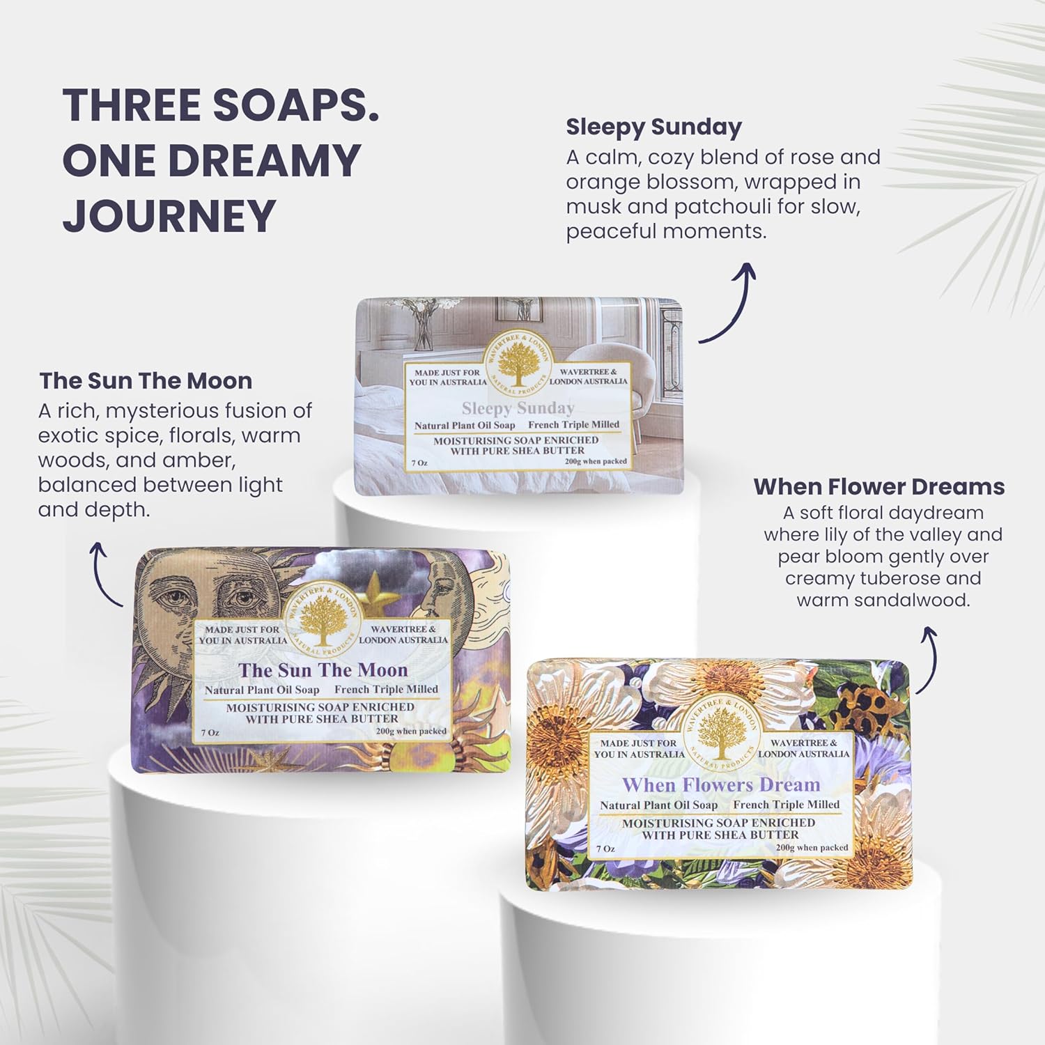 Wavertree & London Dreams Soap Trio Gift Set (Set of 3) – Natural Assorted Floral & Exotic Scented Soap Bars Gift Set for Women & Men, Moisturizing Triple-Milled Bath Bars Enriched with Shea Butter - Image 2
