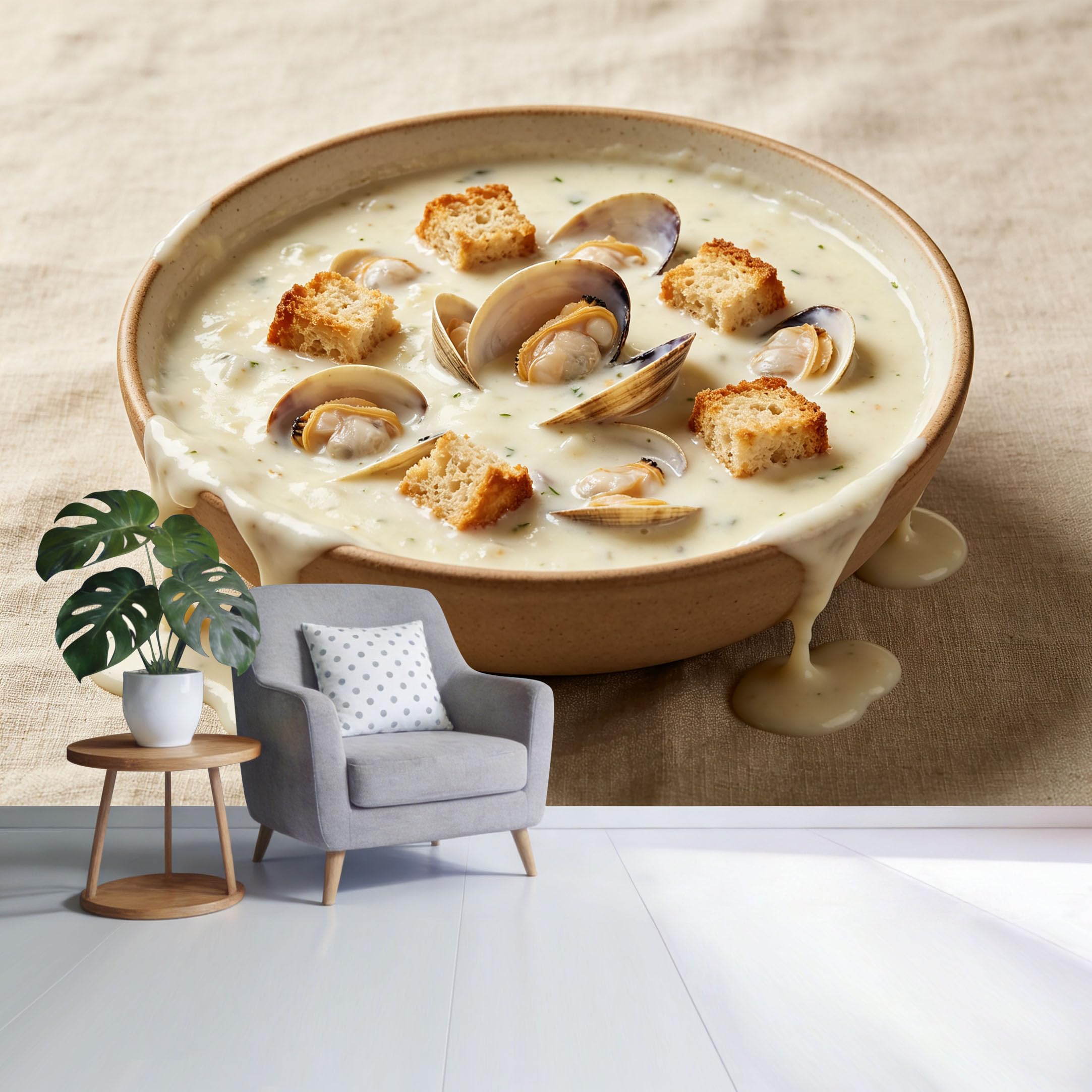 Custom Size Wall Mural Creamy Clam Chowder Bowl with Croutons Food Photography Minimalist SelfAdhesive Wall Fabric Removable Wallpaper for Home Office Decor