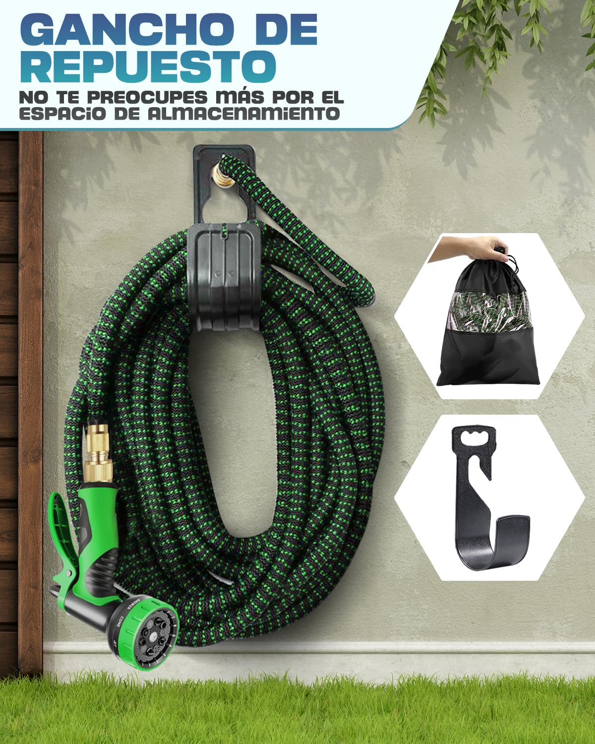 Manguera Extensible 45m Verde, Tubo de Agua Flexible para Jardinería y Limpieza, Manguera Retráctil Resistente al Desgaste, Accesorios de Conexión Rápida