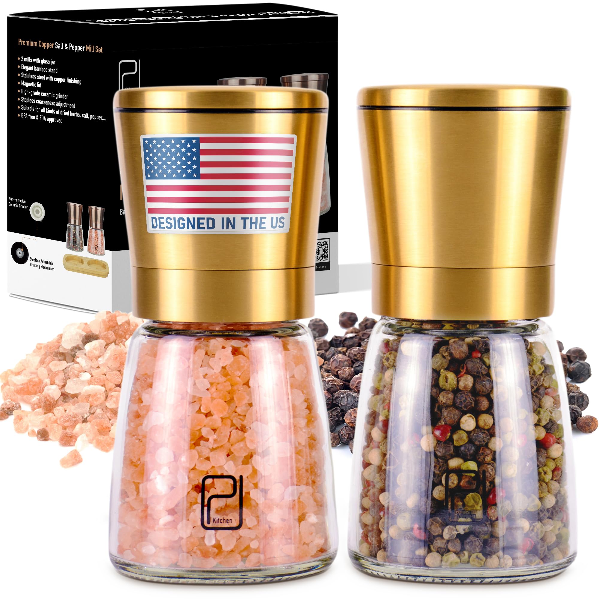 Gold Salt and Pepper Grinder Set - Golden Salt and Pepper Shaker Mill - Brass Pepper Grinders Refillable - Adjustable Coarseness - Sea Salt, Black Peppercorn-image-48