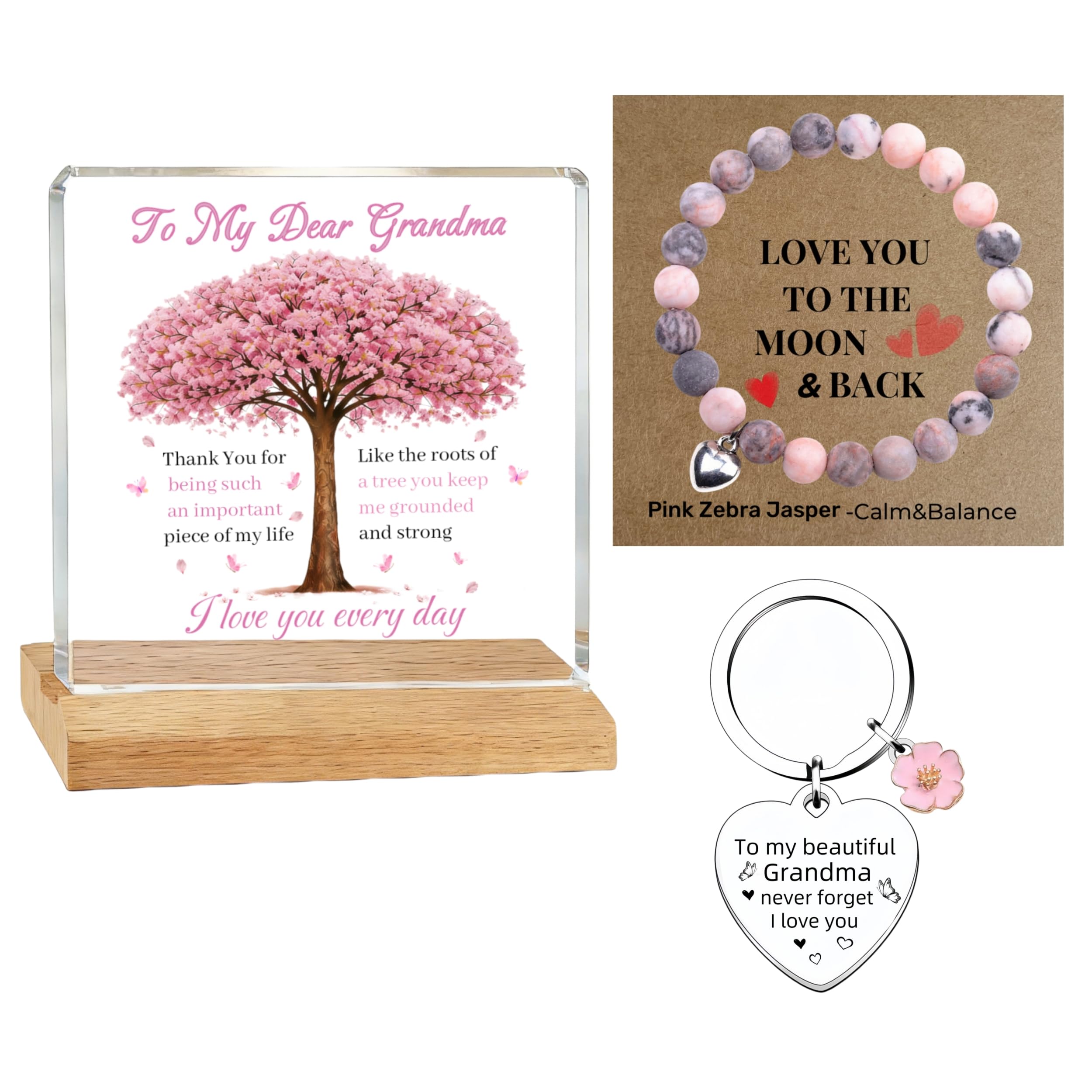 Best Grandma Gifts - Meaningful Gifts for Grandma Birthday, Christmas - Grandmother Mothers Day Gift from Grandchildren,Pink Zebra Jasper Beaded Wristlet, Keychain & Cherry Blossom Acrylic Decor