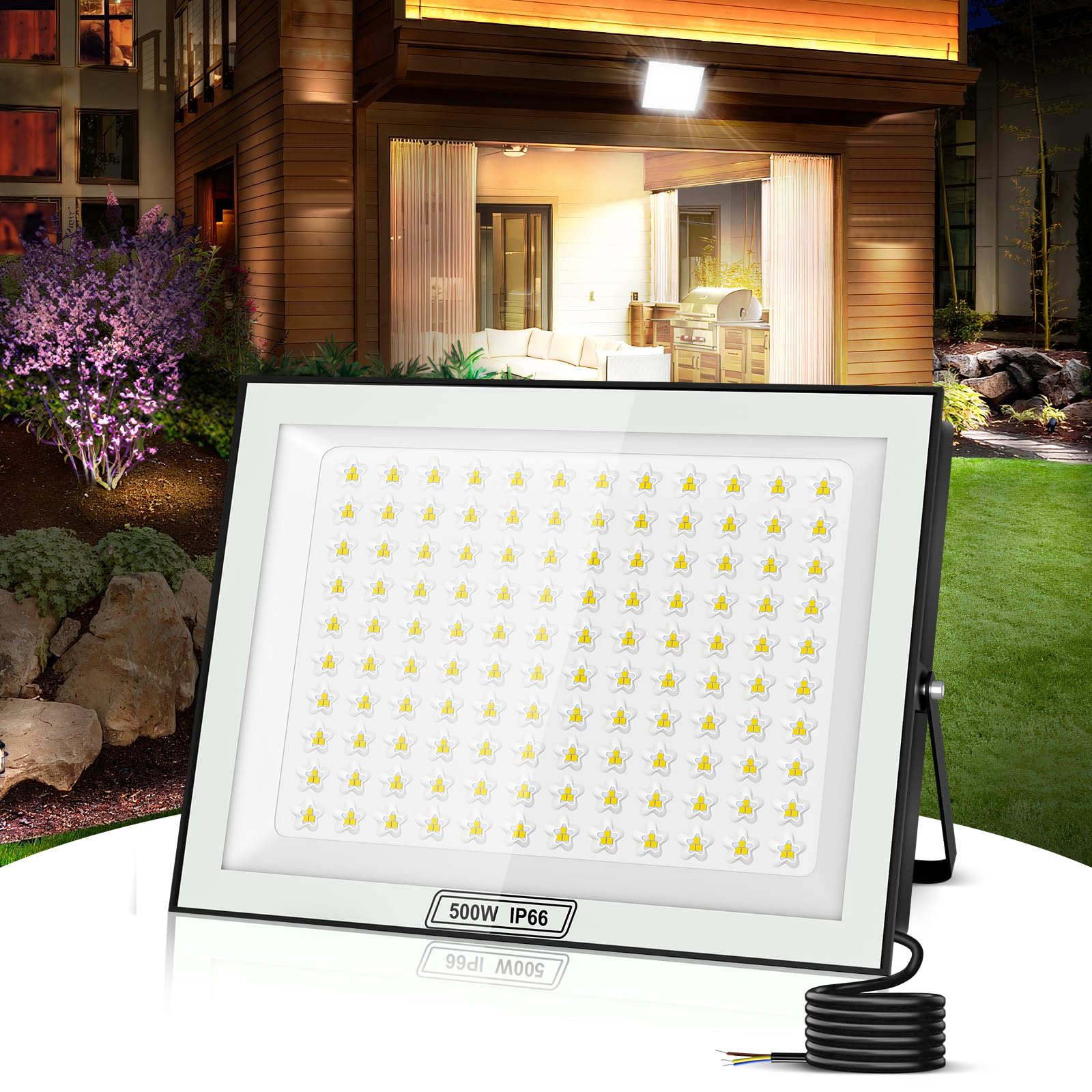 papasbox 500W LED Floodlight Outdoor, 50000LM Super Bright, 6500K Cool White Outdoor Floodlight, IP66 Waterproof