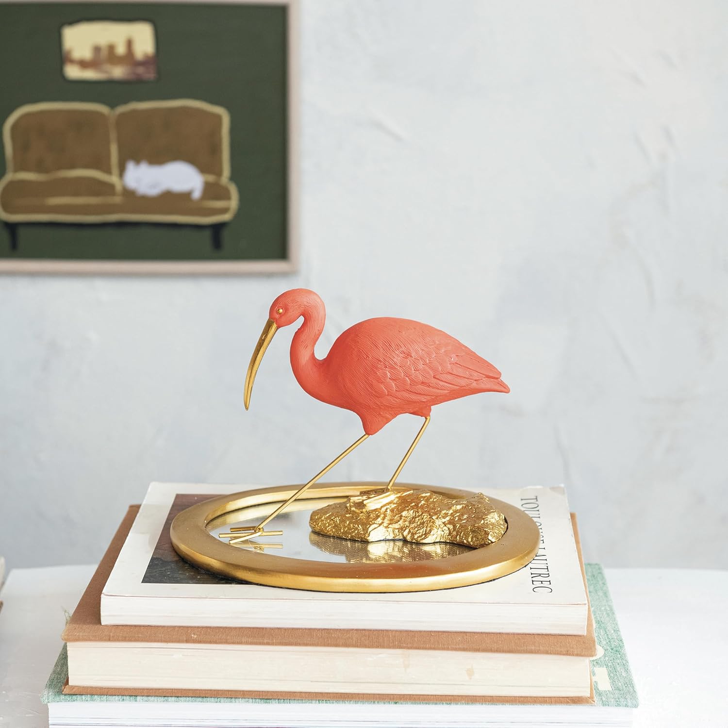 Scarlet Ibis Figurine on Gold Mirrored Tray