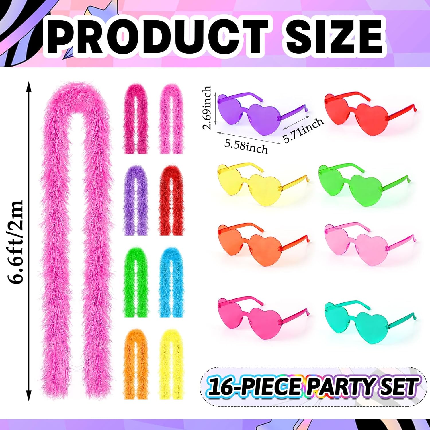 16Pcs Feather Boas Party Pack with 8Pcs Artificial Feather Boas 6.6ft and 8Pcs Heart Sunglasses for Wedding Birthday Party Favors