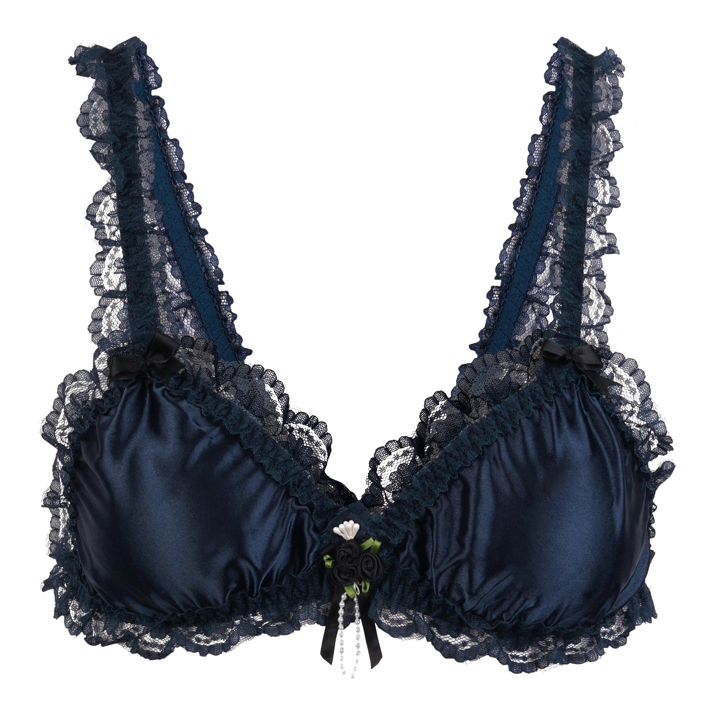 Satini Women's Midnight Blue Sissy Frilly Lace Fitted Satin Bralette (, Xl)