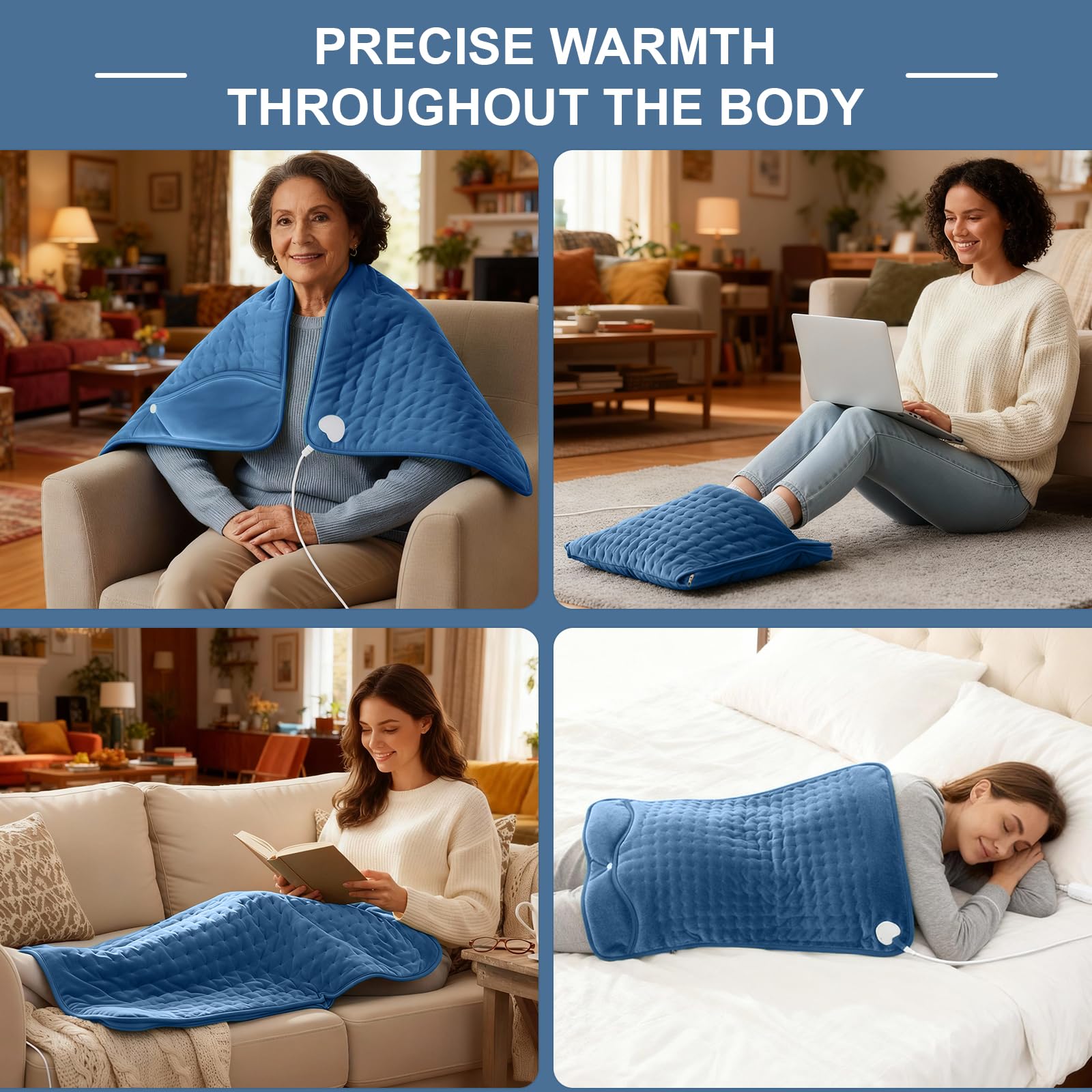 Scaldapiedi elettrico per donne, uomini e anziani, riscaldamento rapido per piedi con 6 impostazioni di calore e timer, cuscinetto riscaldante extra large lavabile,Cerniera blu navy 40x80 cm
