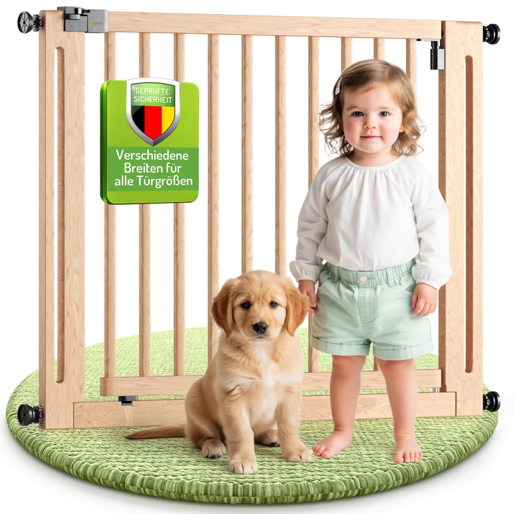 BOMI Kindertreppen Gitter Miko PEFC geprüftes Buchenholz | Ohne Bohren | 90° Stop | Baby Gitter Holz mit XXL-Tür | Kindertreppenschutzgitter Tür und Treppenschutzgitter zum Klemmen | Breite: 79-87 cm